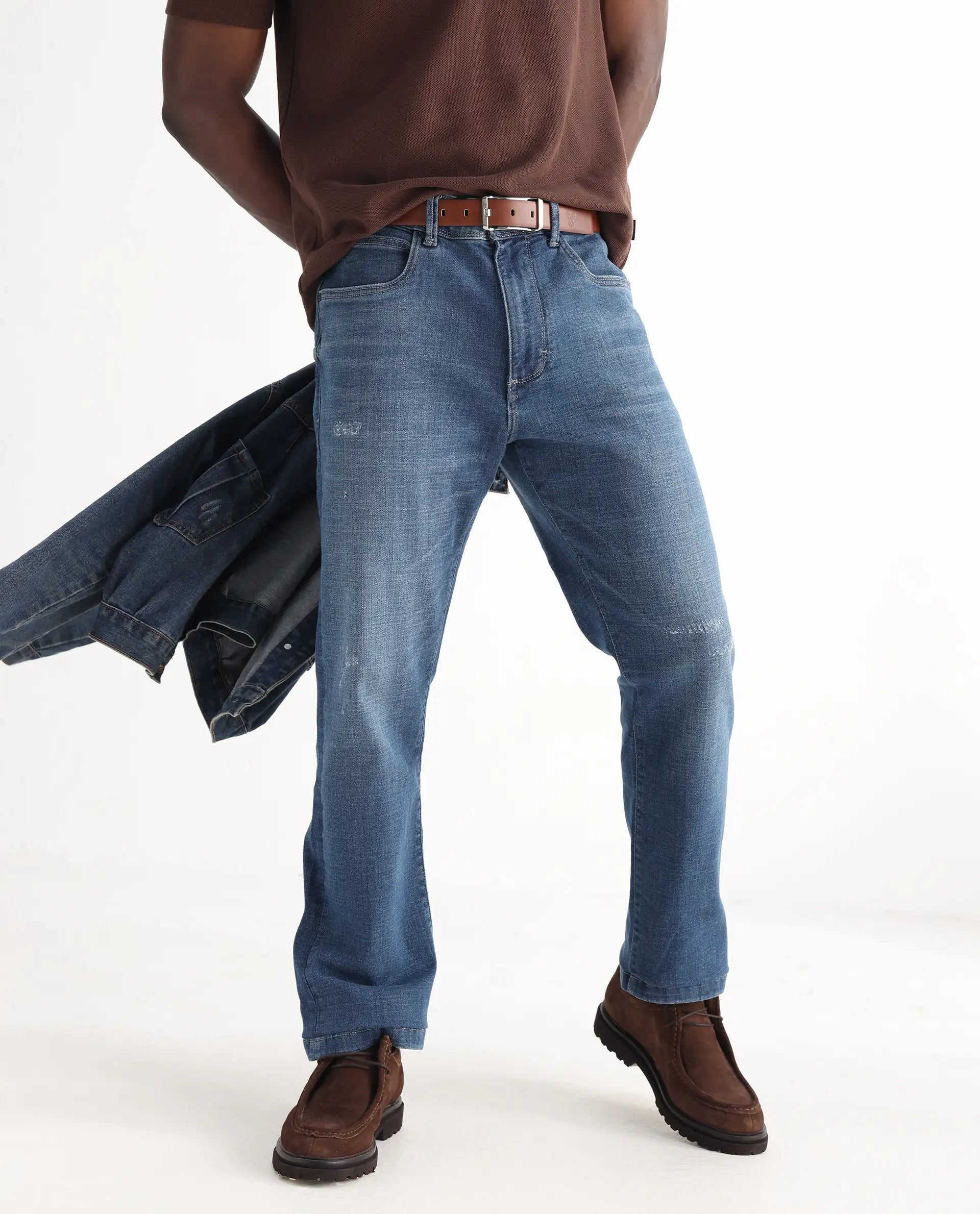 Rare Rabbit Men's Gala Blue Cotton Blend Plain Morris Regular Fit Jeans