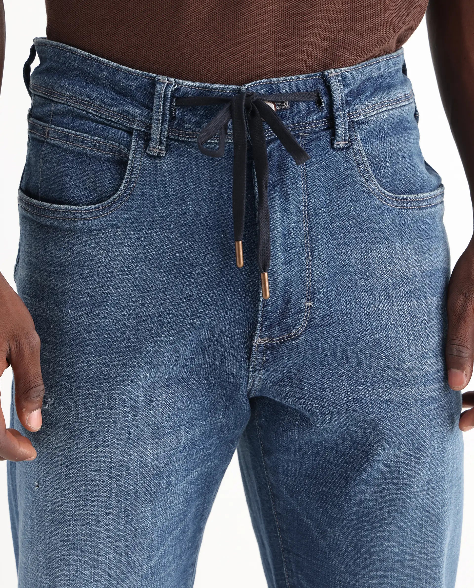 Rare Rabbit Men's Gala Blue Cotton Blend Plain Morris Regular Fit Jeans