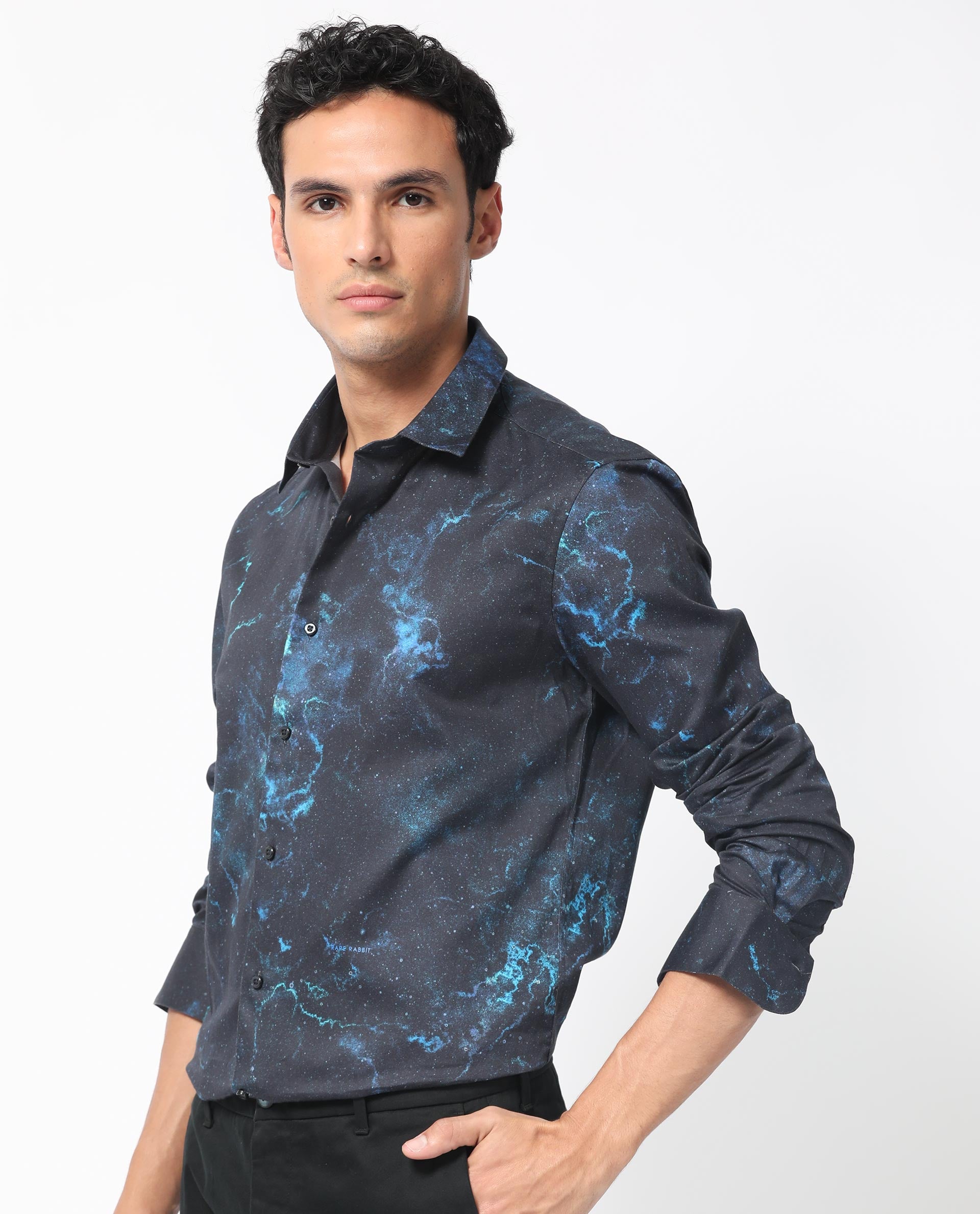 Rare Rabbit Men's Galaxx Navy Abstract Print Full Sleeves Shirt