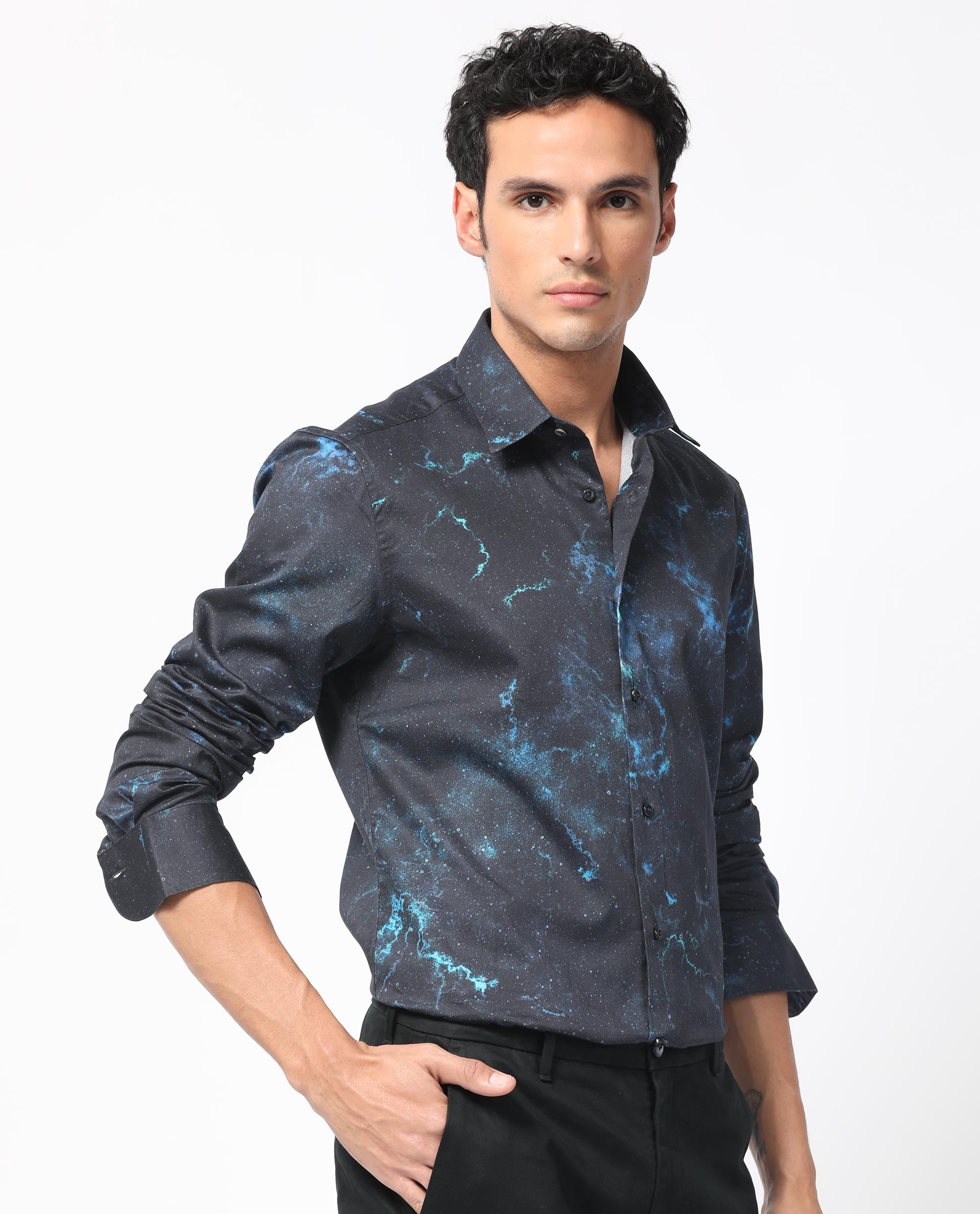 Rare Rabbit Men's Galaxx Navy Abstract Print Full Sleeves Shirt