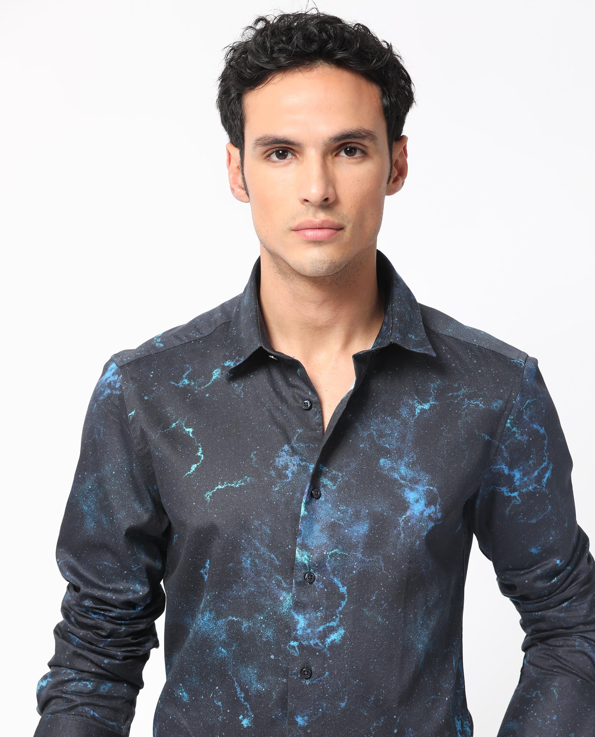 Rare Rabbit Men's Galaxx Navy Abstract Print Full Sleeves Shirt