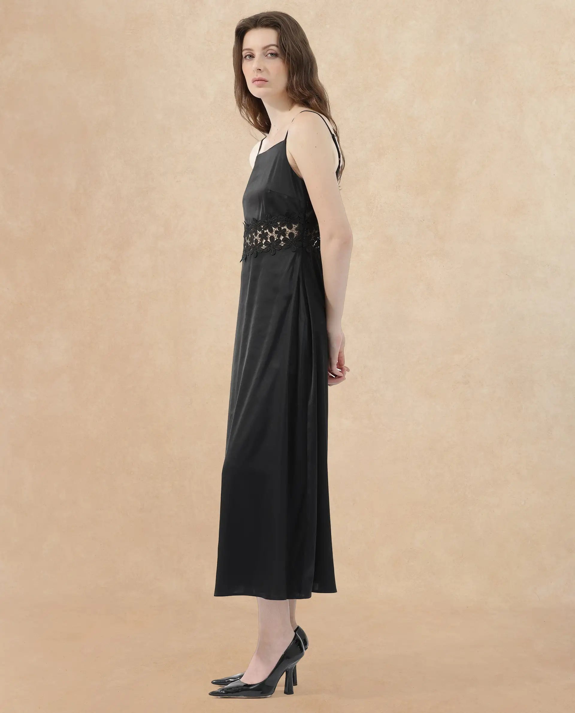 Rareism Women's Galcia Black Polyester Shoulder Strap Plain Shoulder Strap Maxi A-Line Dress