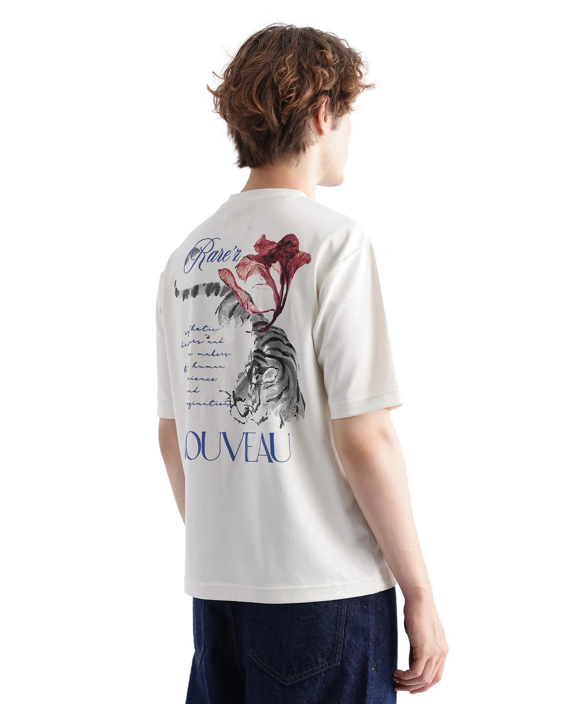 Rare Rabbit Men Galen Off White Cotton Poly Fabric Short Sleeve Boxy Fit Printed T-Shirt