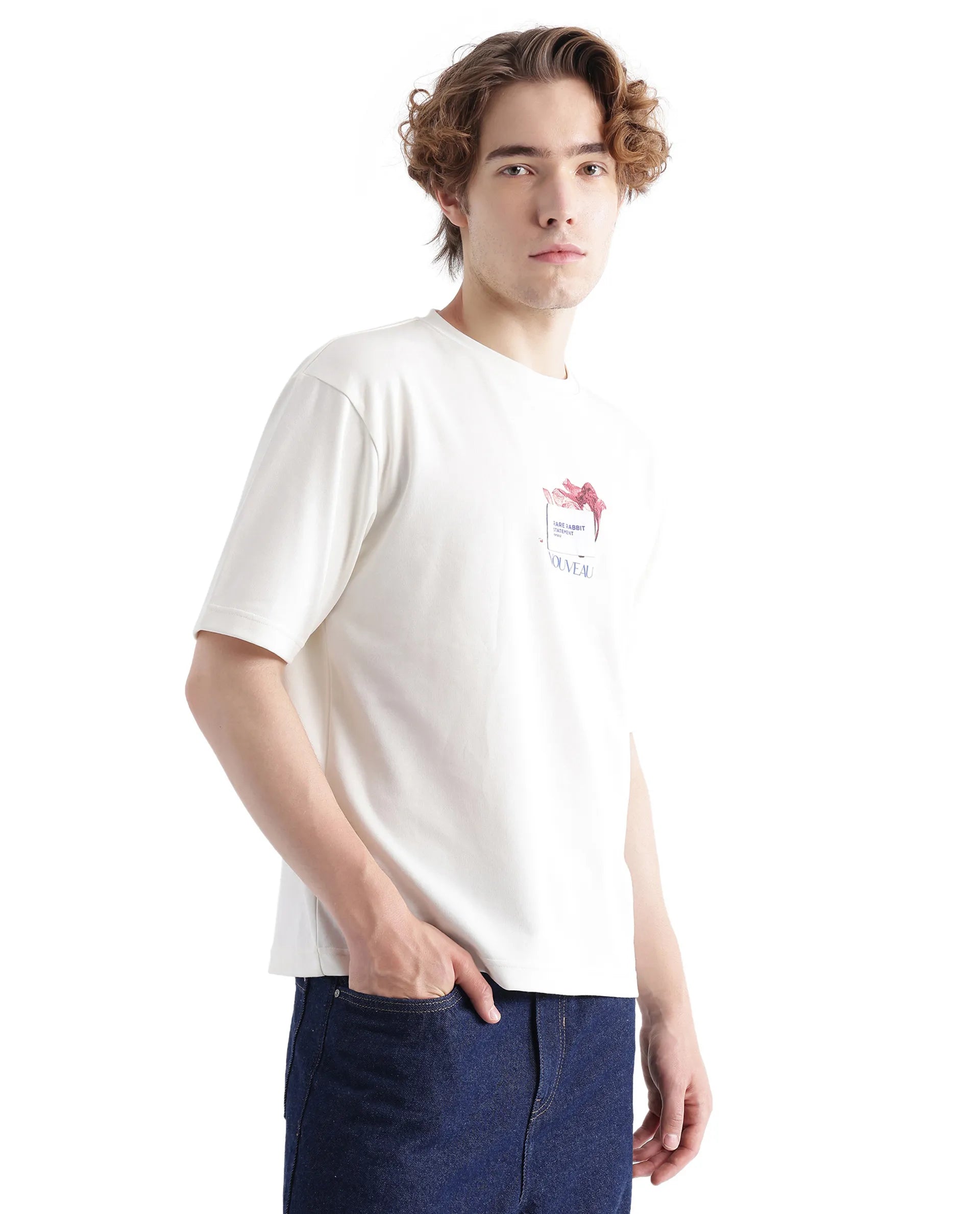 Rare Rabbit Men Galen Off White Cotton Poly Fabric Short Sleeve Boxy Fit Printed T-Shirt