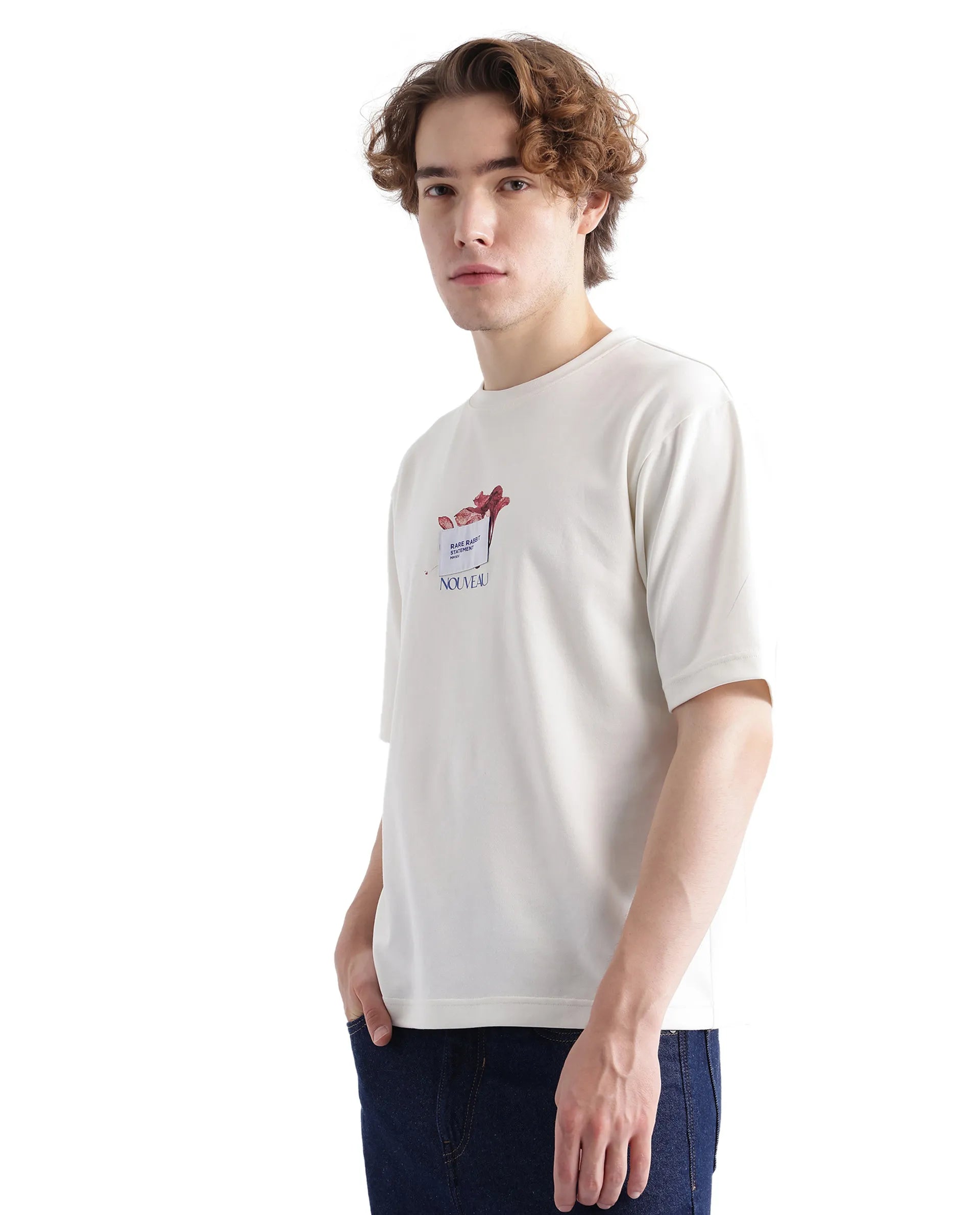 Rare Rabbit Men Galen Off White Cotton Poly Fabric Short Sleeve Boxy Fit Printed T-Shirt