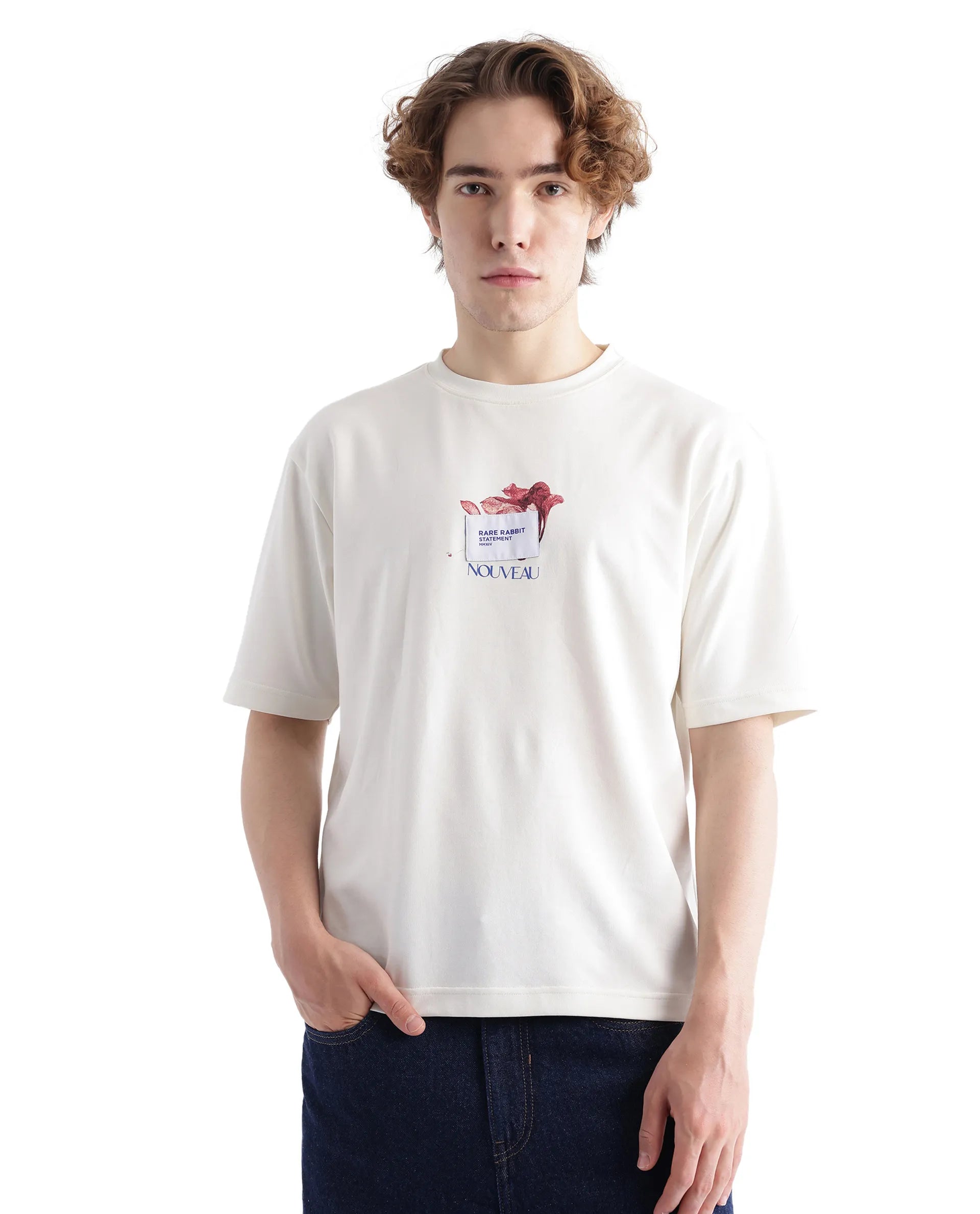 Rare Rabbit Men Galen Off White Cotton Poly Fabric Short Sleeve Boxy Fit Printed T-Shirt