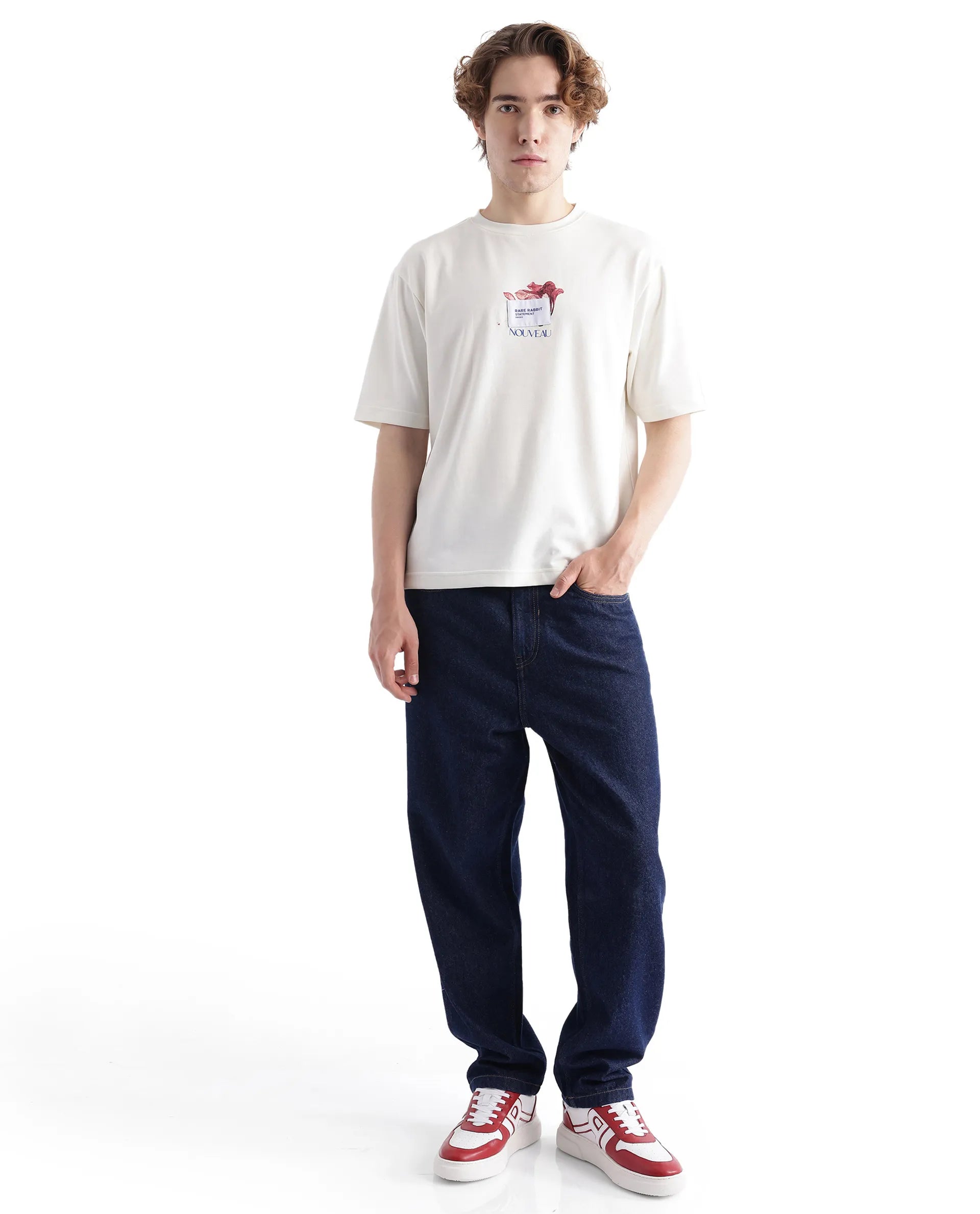 Rare Rabbit Men Galen Off White Cotton Poly Fabric Short Sleeve Boxy Fit Printed T-Shirt