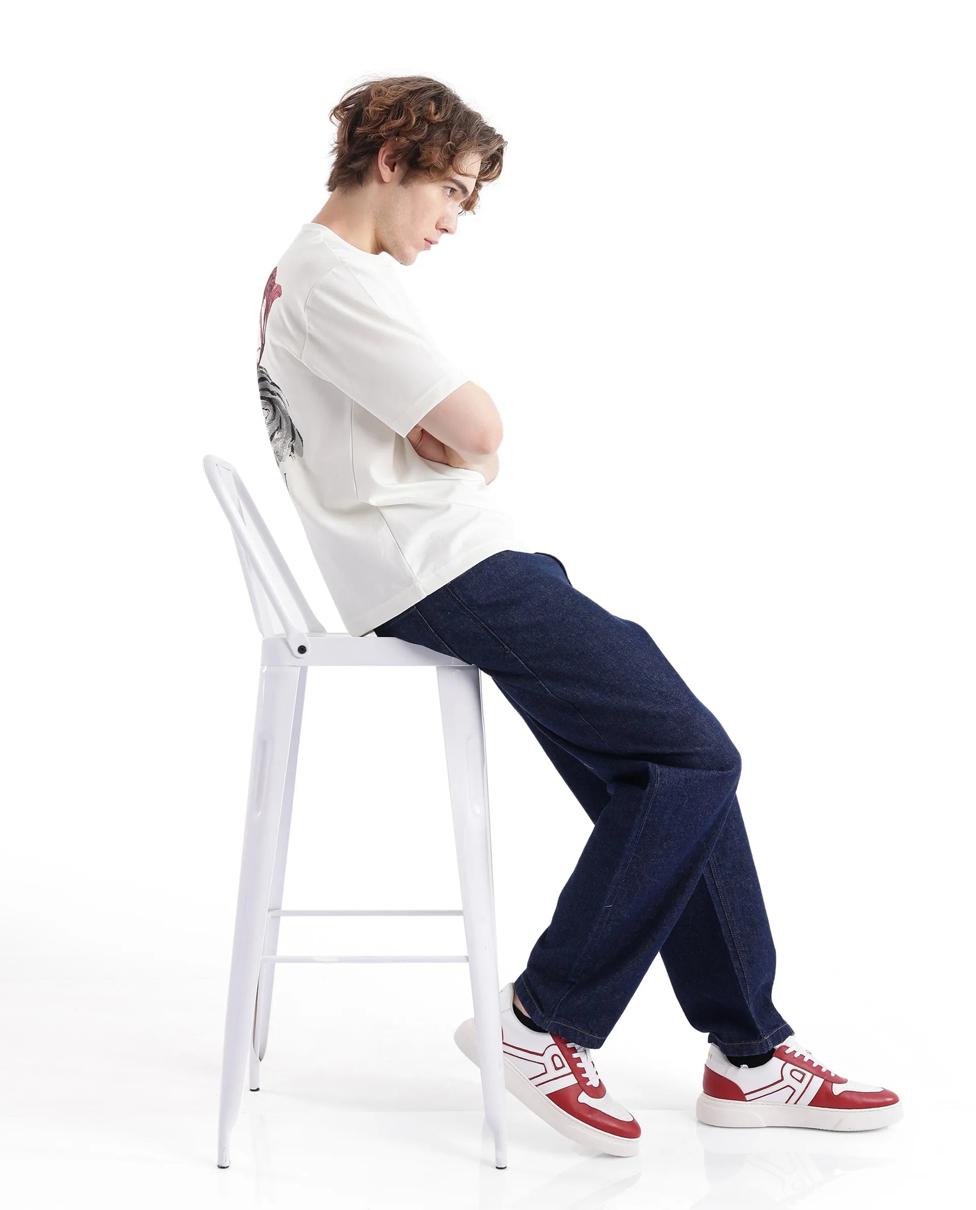 Rare Rabbit Men Galen Off White Cotton Poly Fabric Short Sleeve Boxy Fit Printed T-Shirt