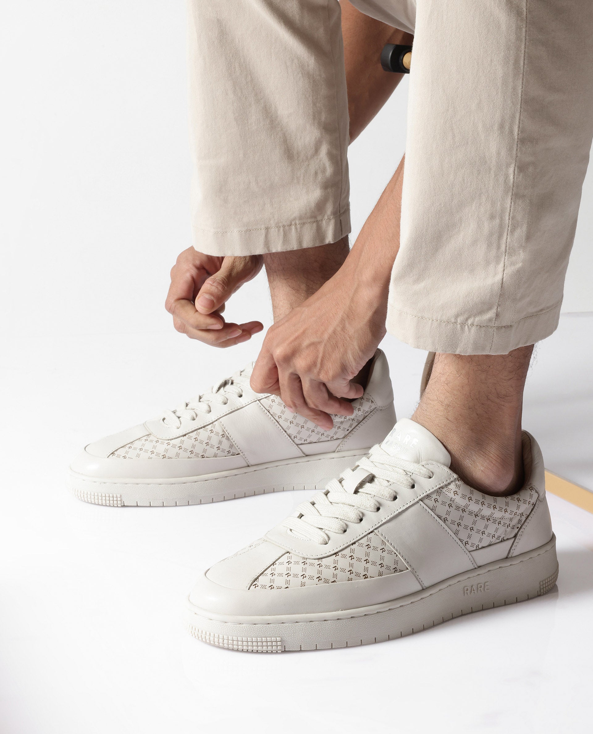 Rare Rabbit Men's Galileo Stellar Ivory Genuine Leather Monogram Print Low-Top Sneaker Shoes