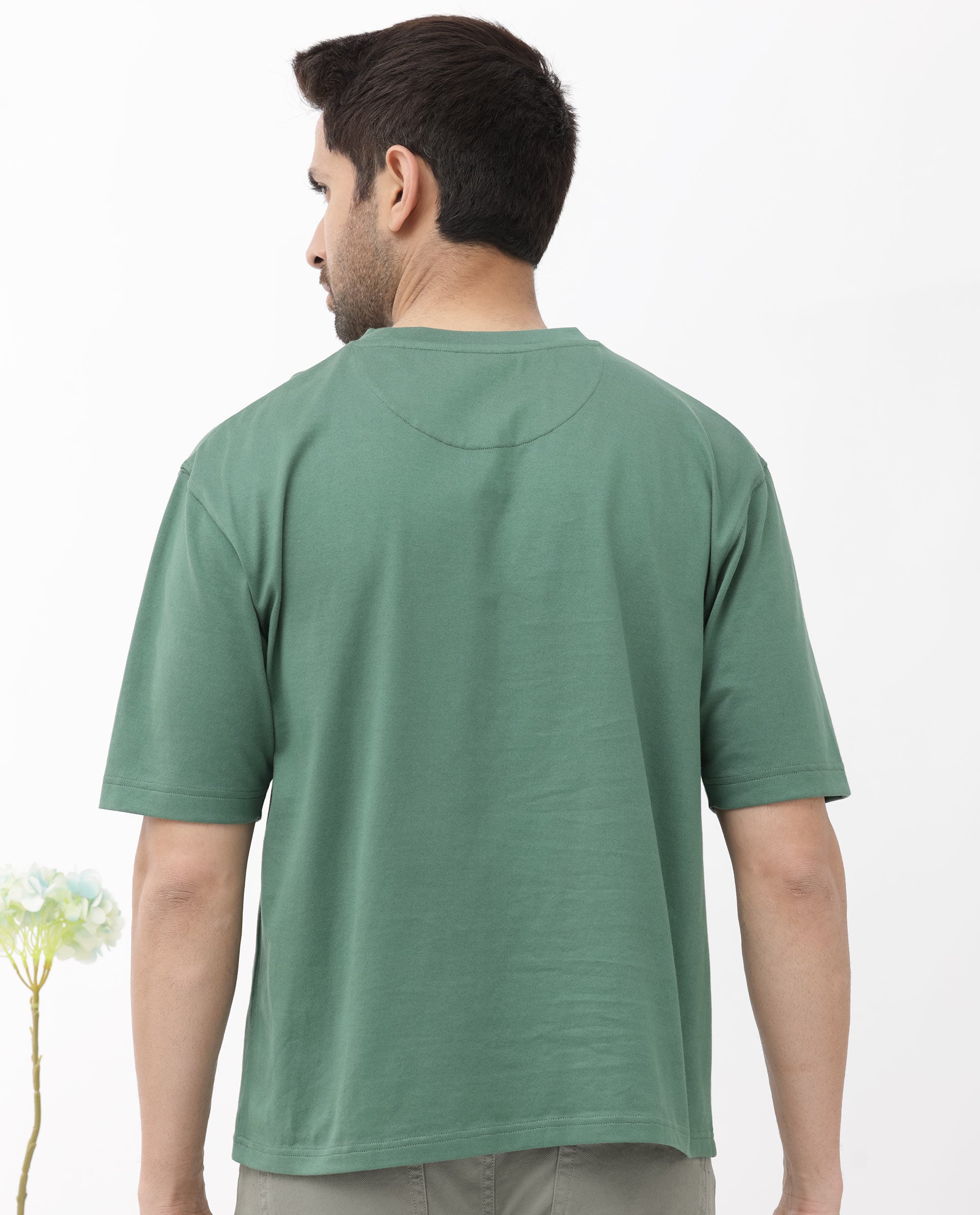 Rare Rabbit Men's Gallos Green Cotton Fabric Half Sleeves Oversized Fit Solid T-Shirt