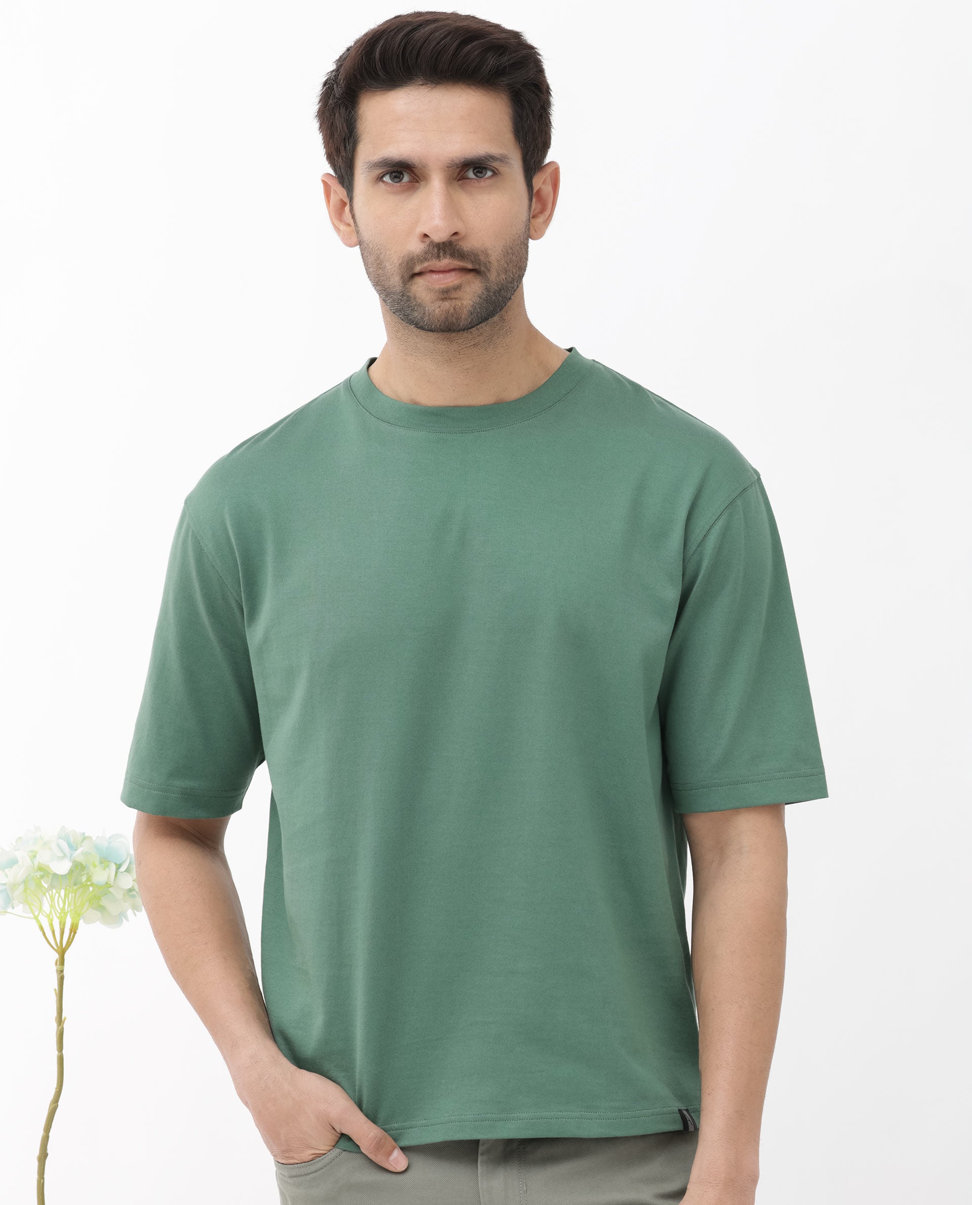 Rare Rabbit Men's Gallos Green Cotton Fabric Half Sleeves Oversized Fit Solid T-Shirt