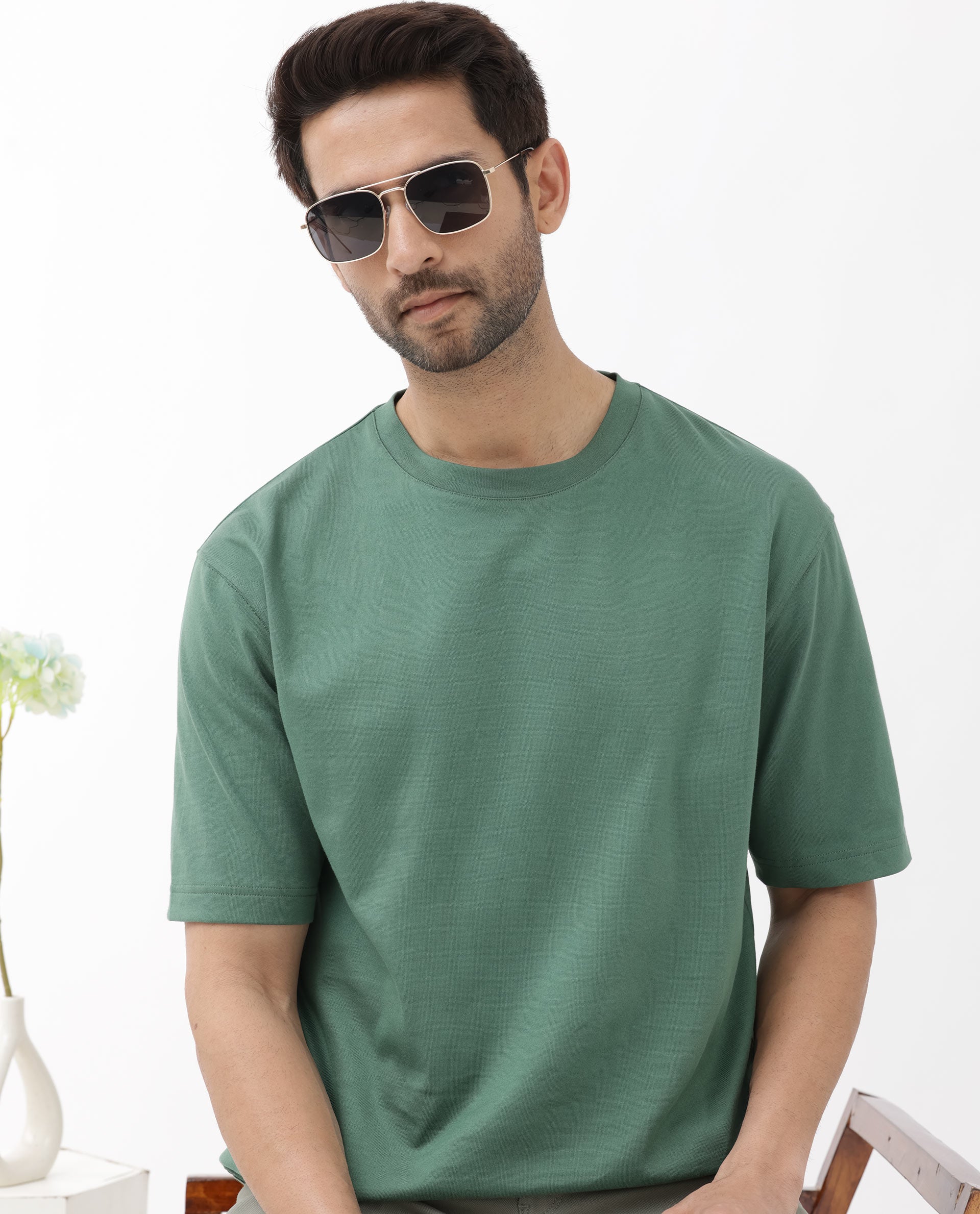 Rare Rabbit Men's Gallos Green Cotton Fabric Half Sleeves Oversized Fit Solid T-Shirt