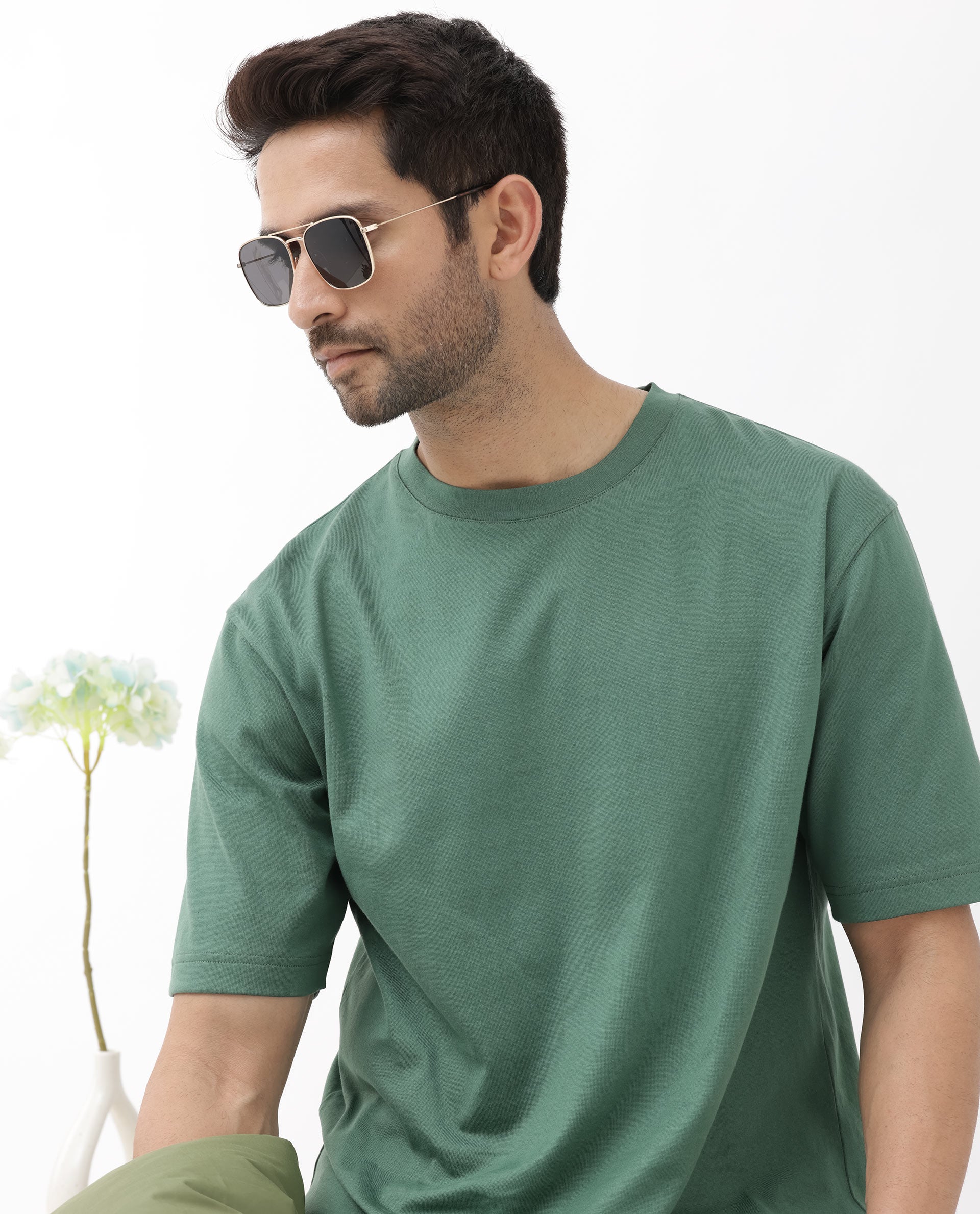 Rare Rabbit Men's Gallos Green Cotton Fabric Half Sleeves Oversized Fit Solid T-Shirt