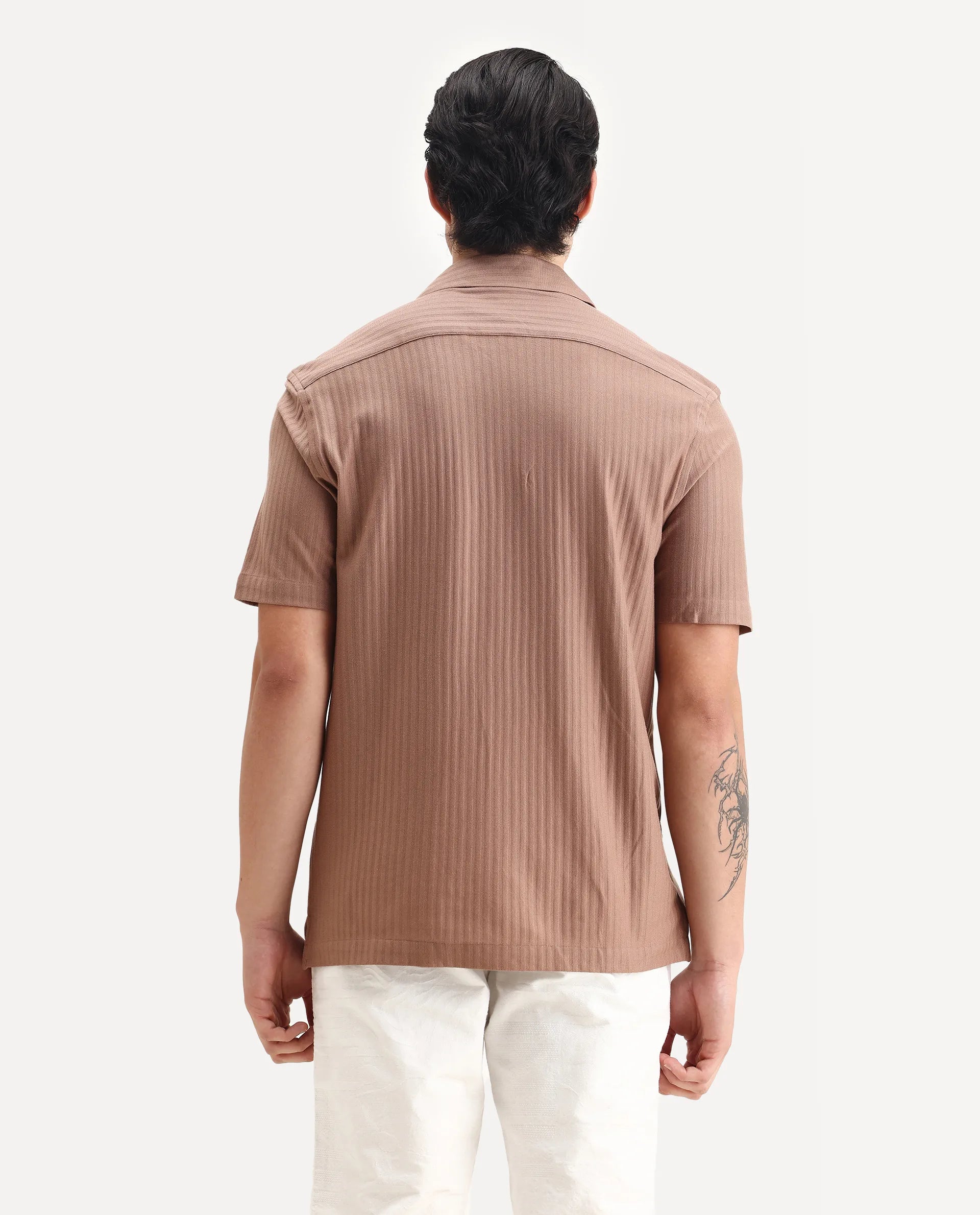 Rare Rabbit Men's Galo Dusky Brown Cotton Plain Relaxed Fit Half Sleeve Cuban Collar Shirt