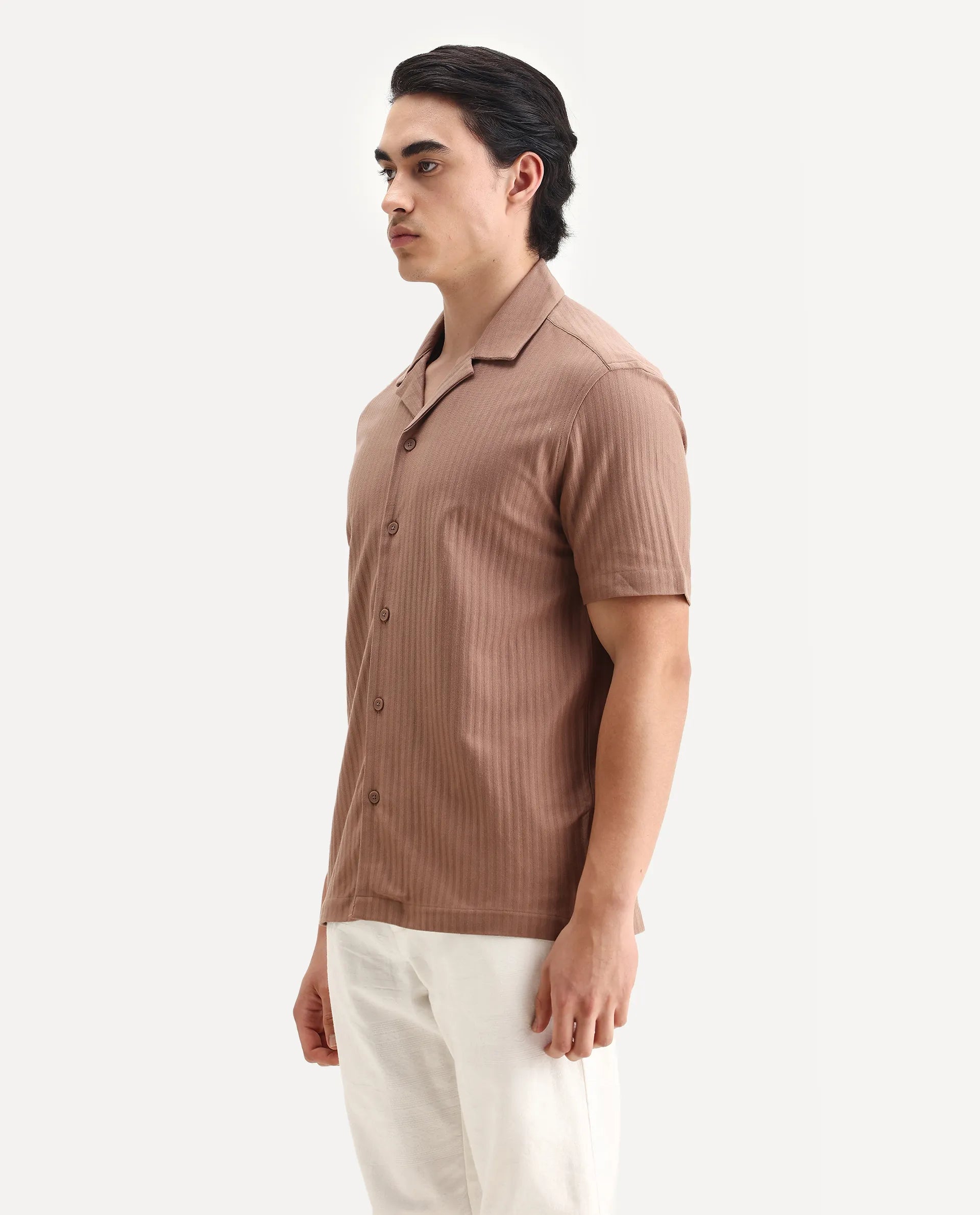 Rare Rabbit Men's Galo Dusky Brown Cotton Plain Relaxed Fit Half Sleeve Cuban Collar Shirt