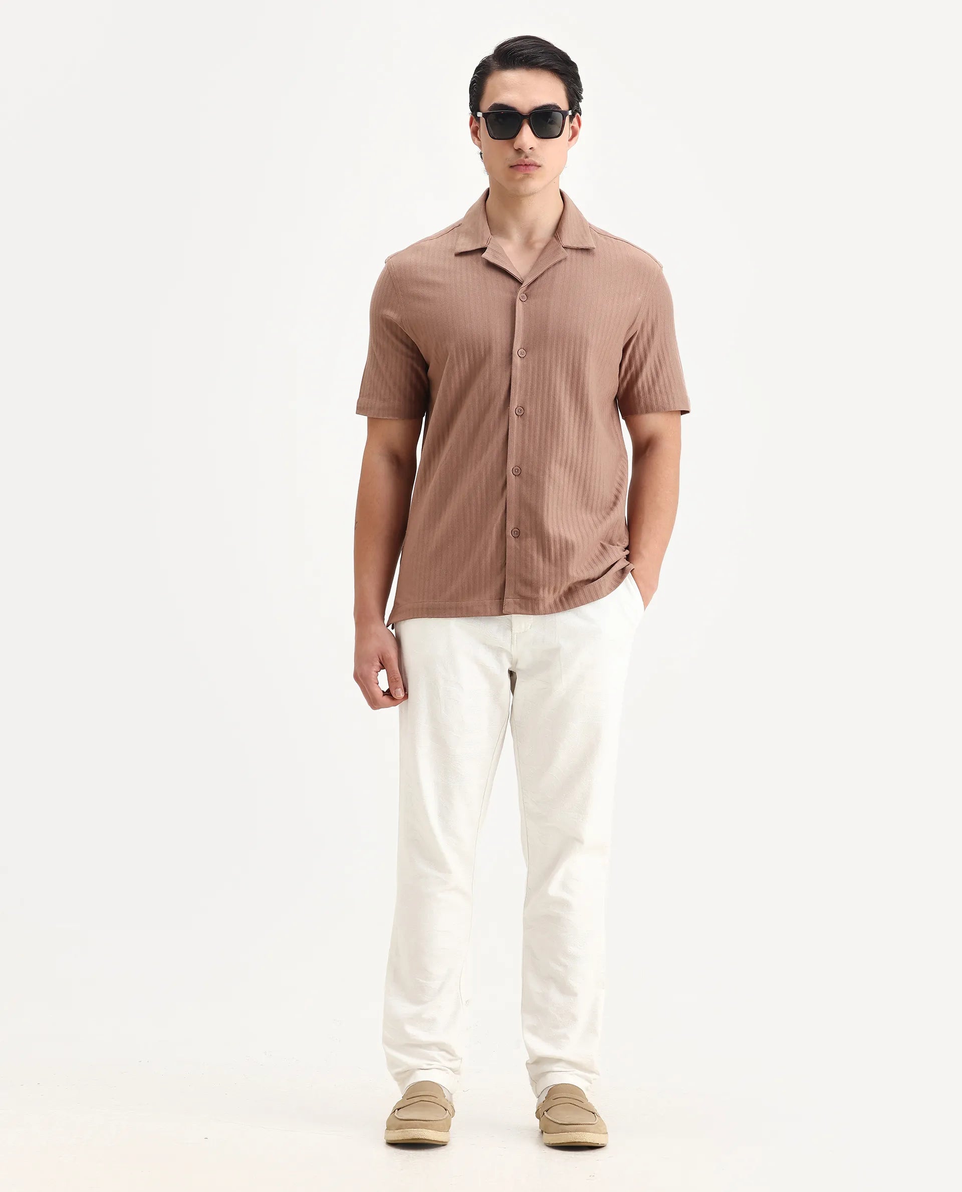 Rare Rabbit Men's Galo Dusky Brown Cotton Plain Relaxed Fit Half Sleeve Cuban Collar Shirt