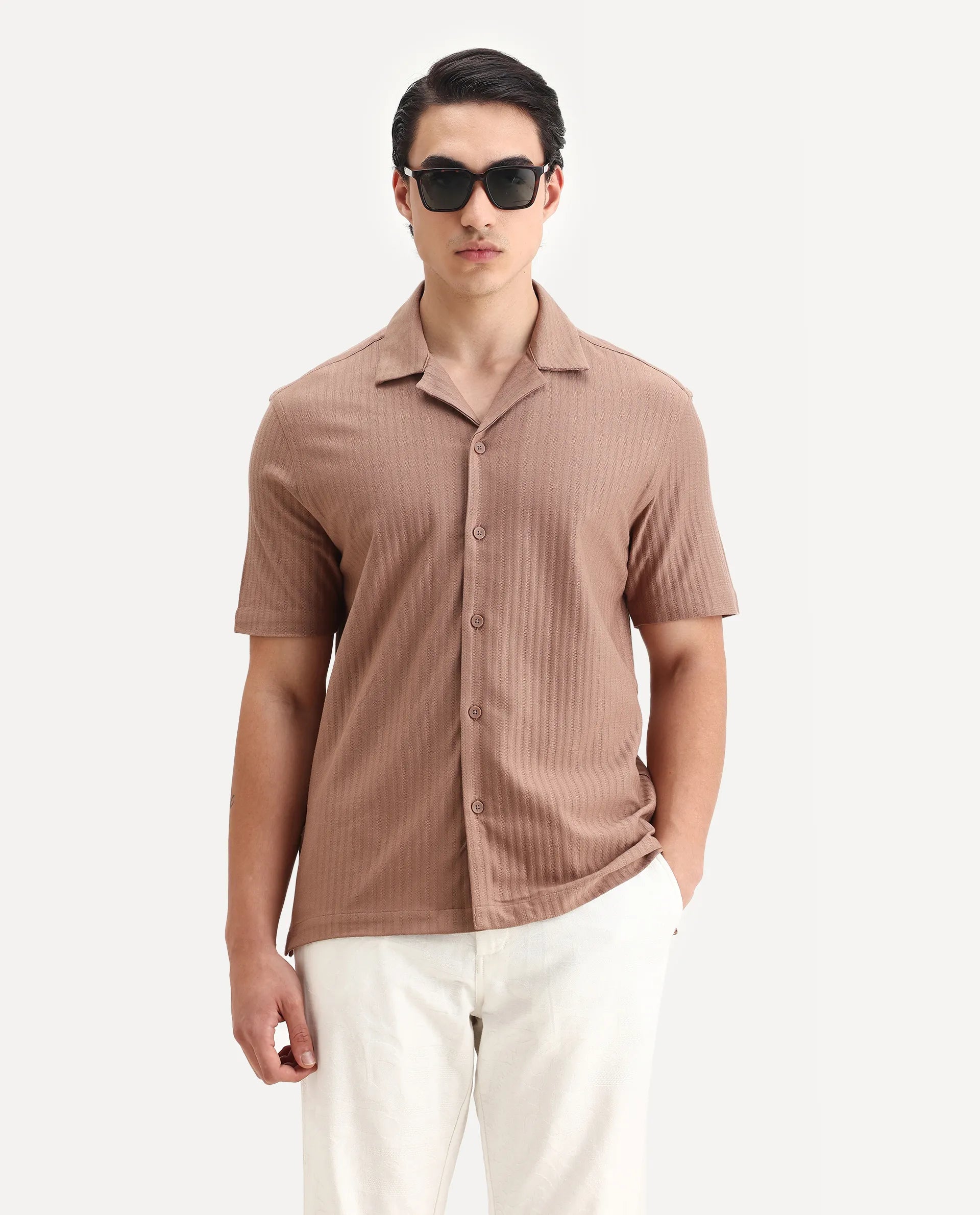 Rare Rabbit Men's Galo Dusky Brown Cotton Plain Relaxed Fit Half Sleeve Cuban Collar Shirt