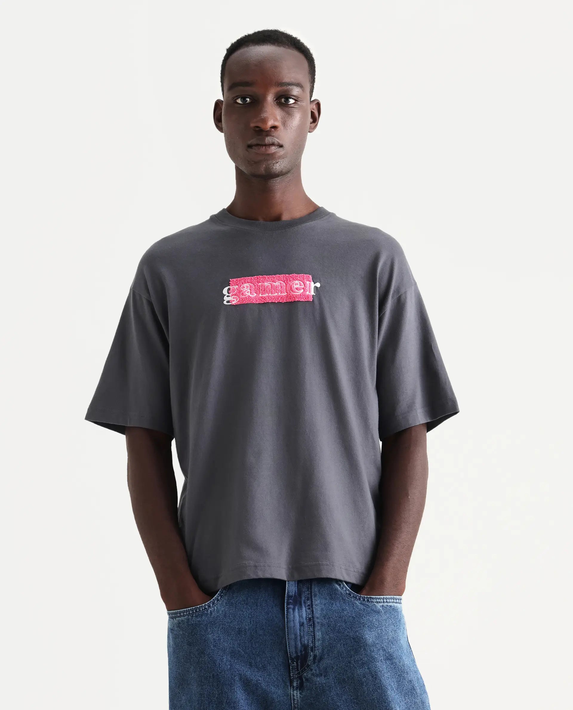 Rare Rabbit Men's Gamo Dark Grey Cotton Embroidered Oversized Fit Half Sleeve Crew Neck T-Shirt