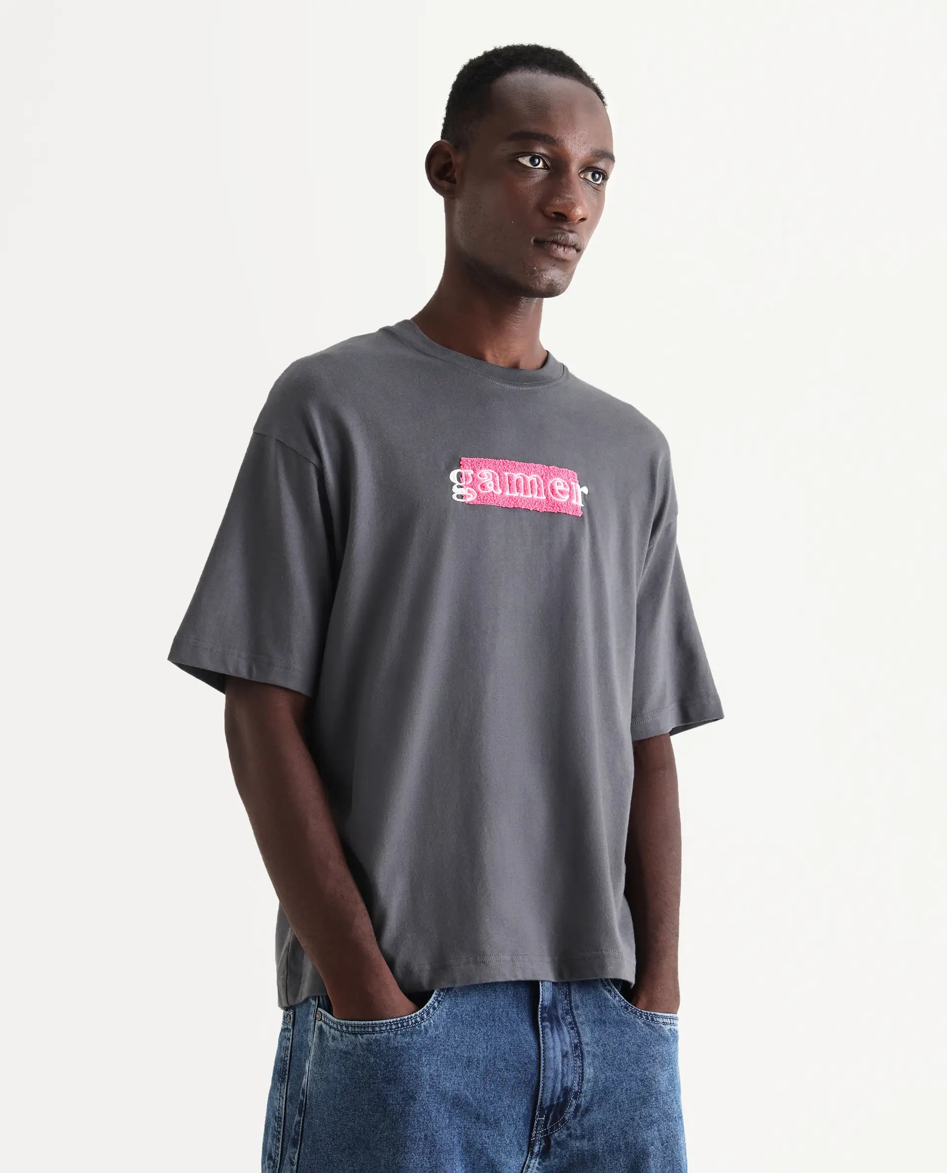 Rare Rabbit Men's Gamo Dark Grey Cotton Embroidered Oversized Fit Half Sleeve Crew Neck T-Shirt