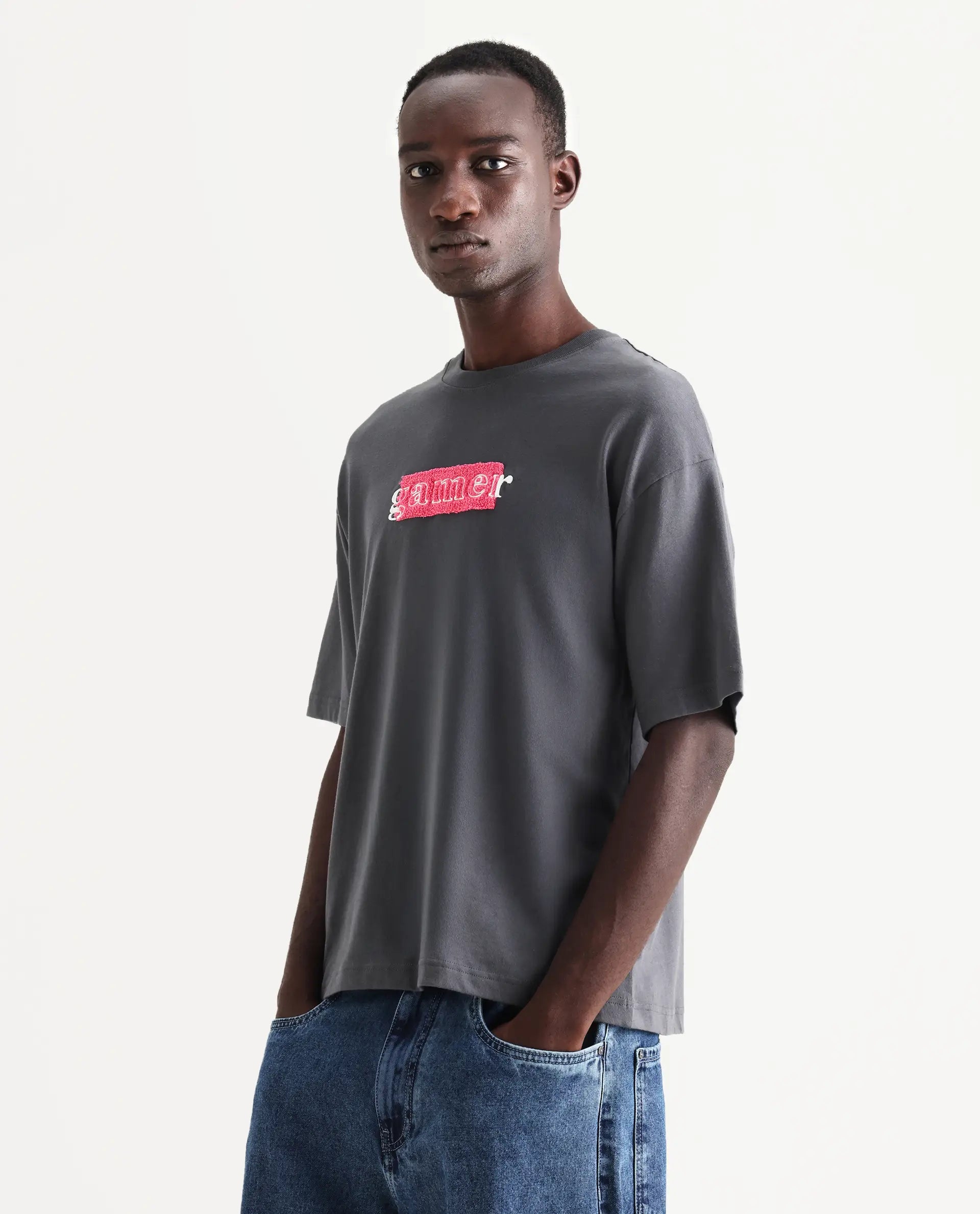 Rare Rabbit Men's Gamo Dark Grey Cotton Embroidered Oversized Fit Half Sleeve Crew Neck T-Shirt