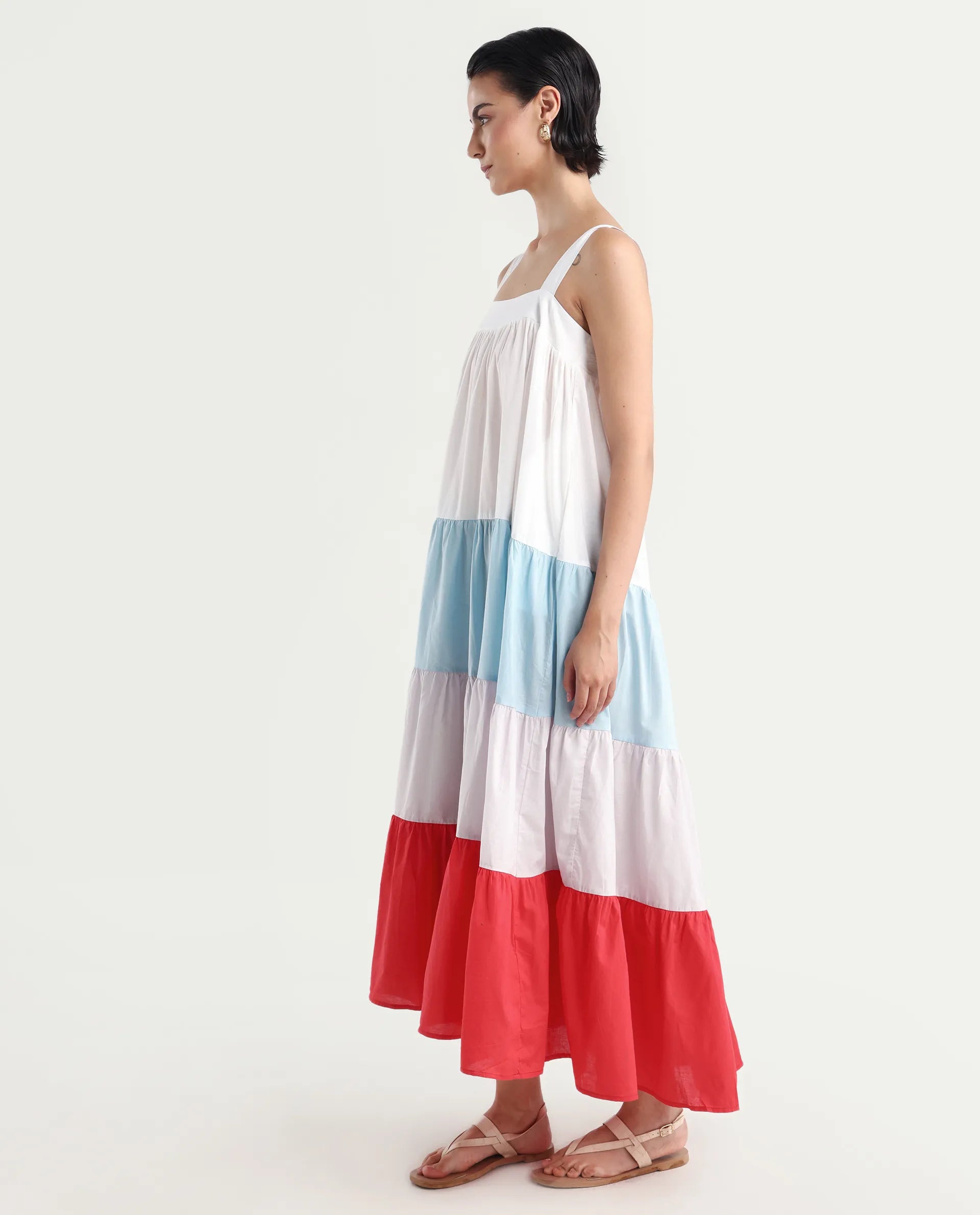 Rareism Women's Gama Multi Tube Neck Color Block Sleeveless Maxi Regular Fit Dress