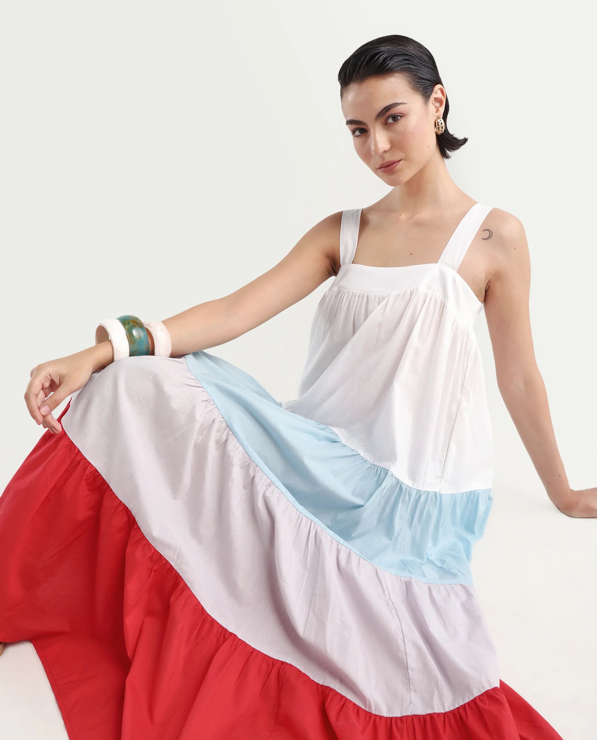 Rareism Women's Gama Multi Tube Neck Color Block Sleeveless Maxi Regular Fit Dress