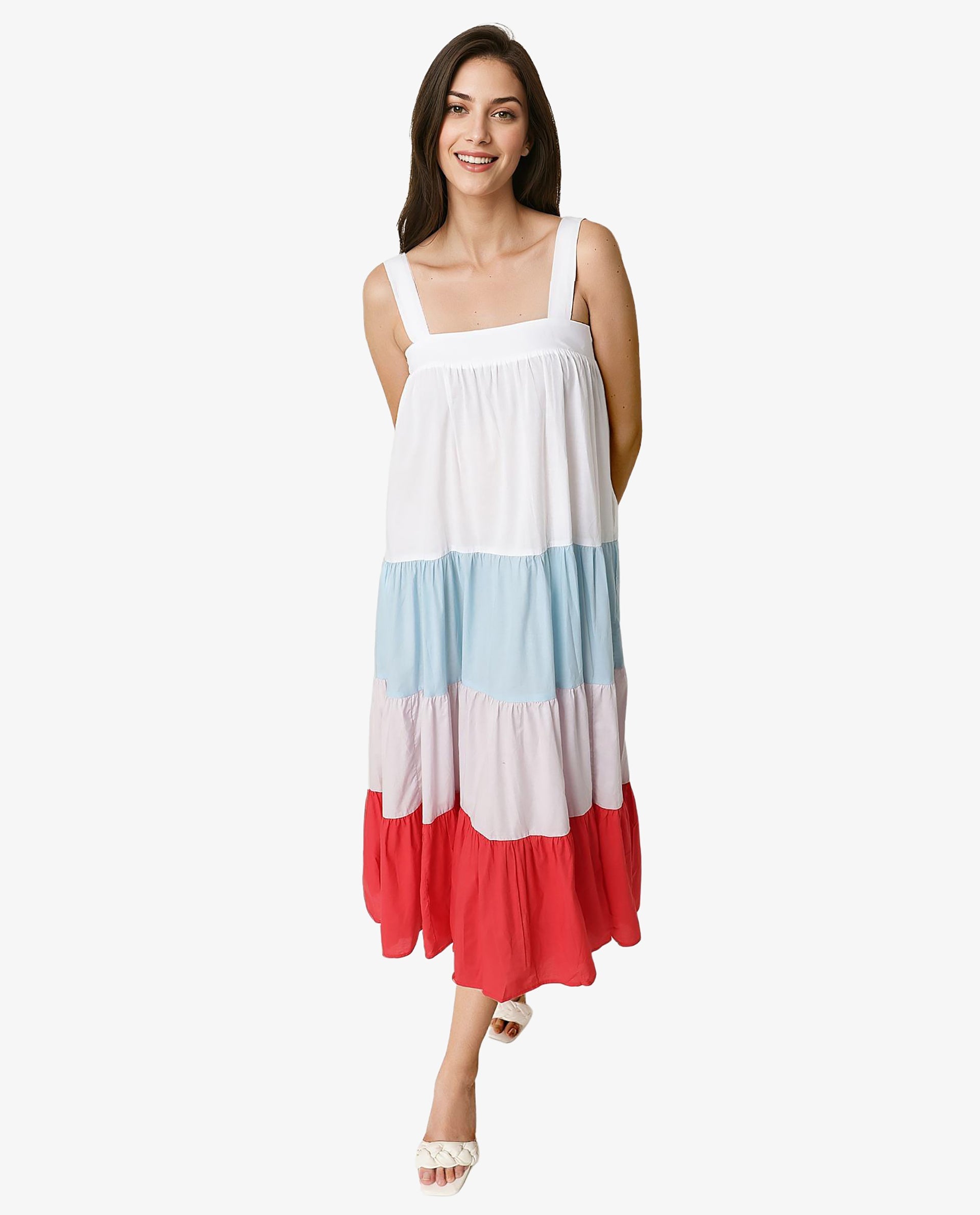 Rareism Women Gama Multi Broad Shoulder Straps With Pockets Tiered Maxi Dress