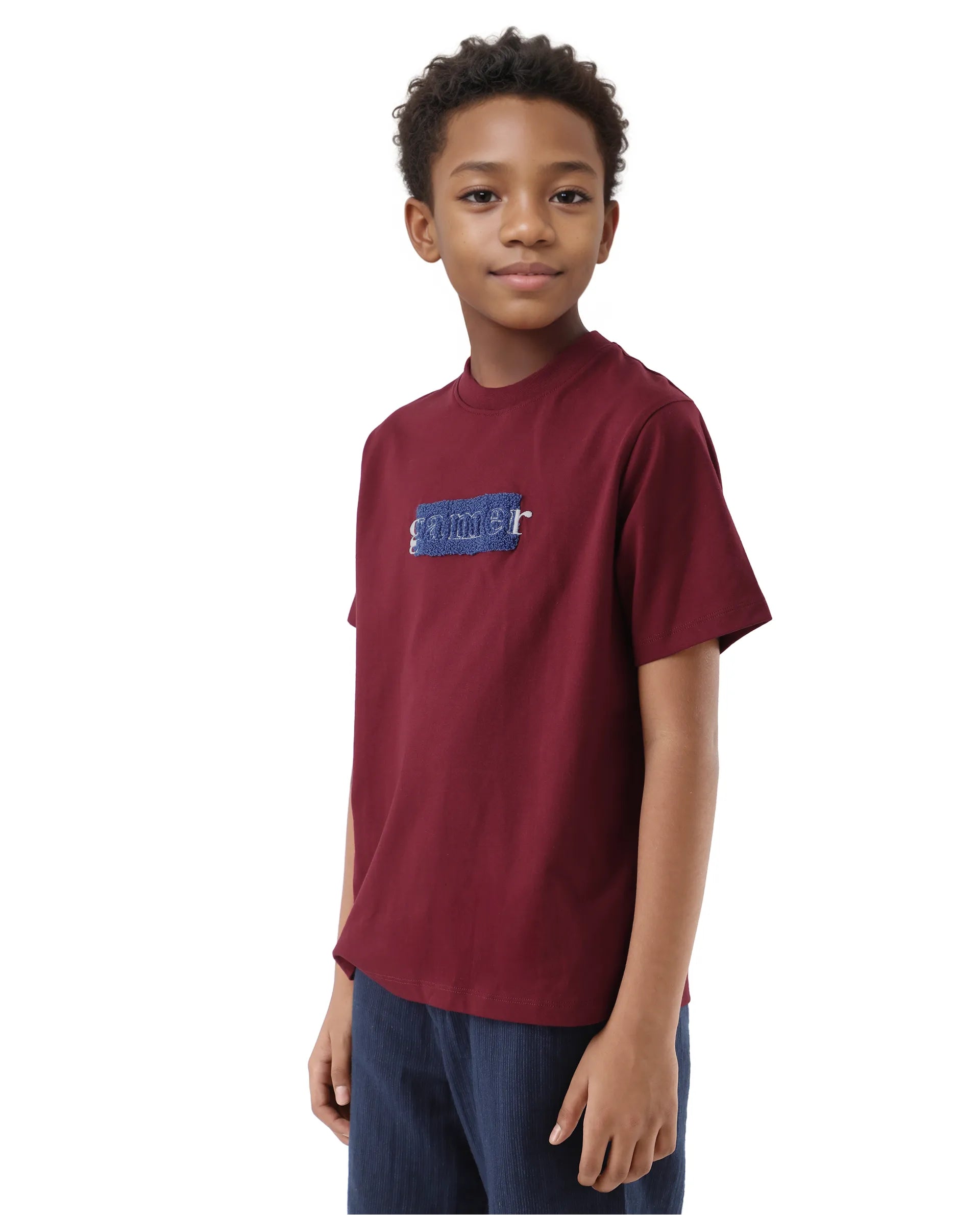 Rare Ones Kids Gamer Dark Red Cotton Embroidered Slip-On Regular Fit T-Shirt