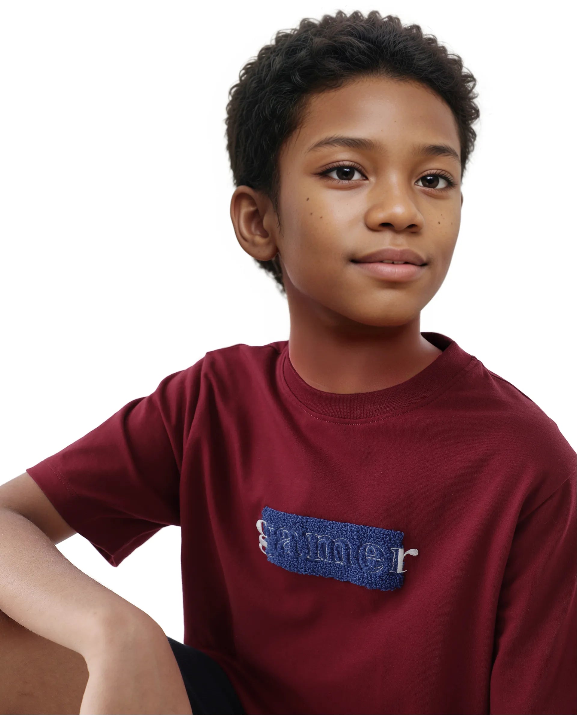 Rare Ones Kids Gamer Dark Red Cotton Embroidered Slip-On Regular Fit T-Shirt