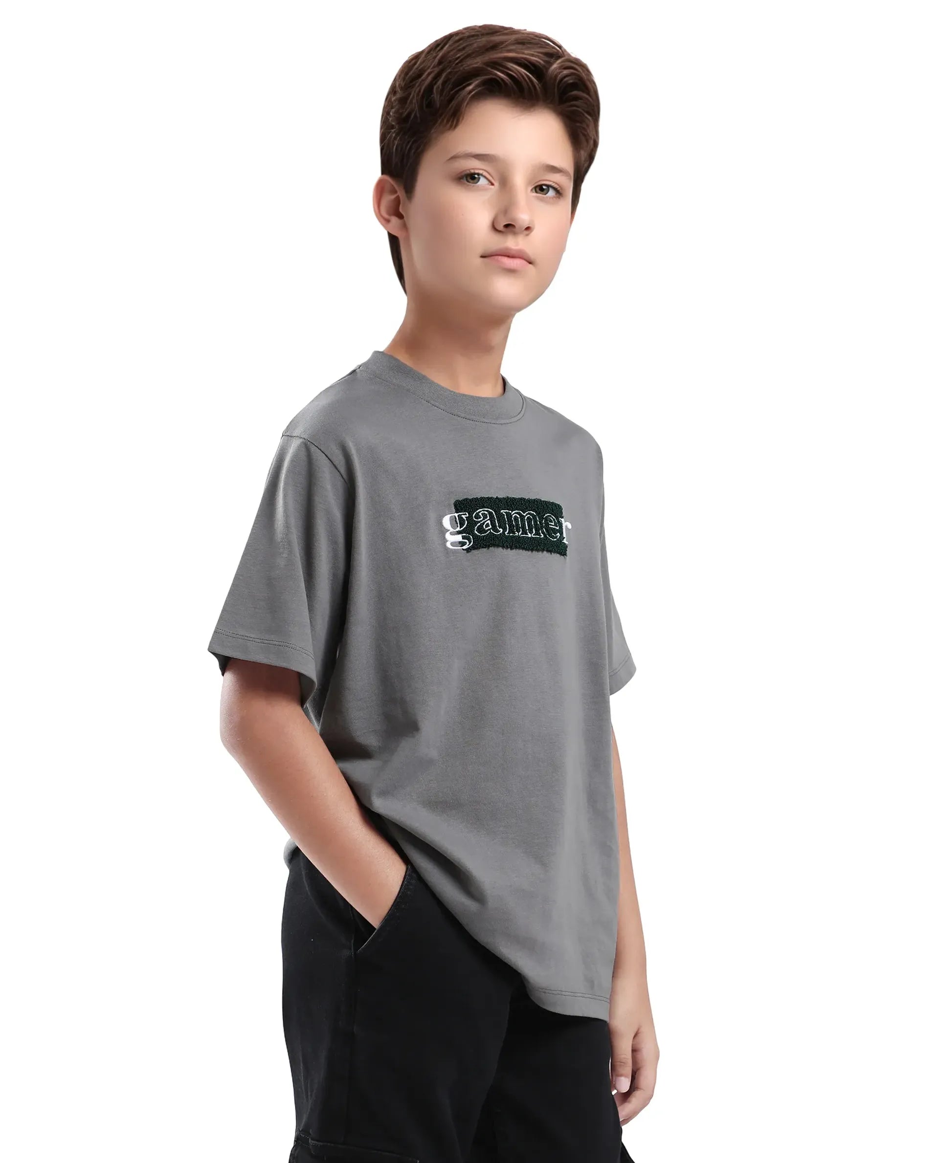 Rare Ones Kids Gamer Grey Cotton Embroidered Slip-On Regular Fit T-Shirt