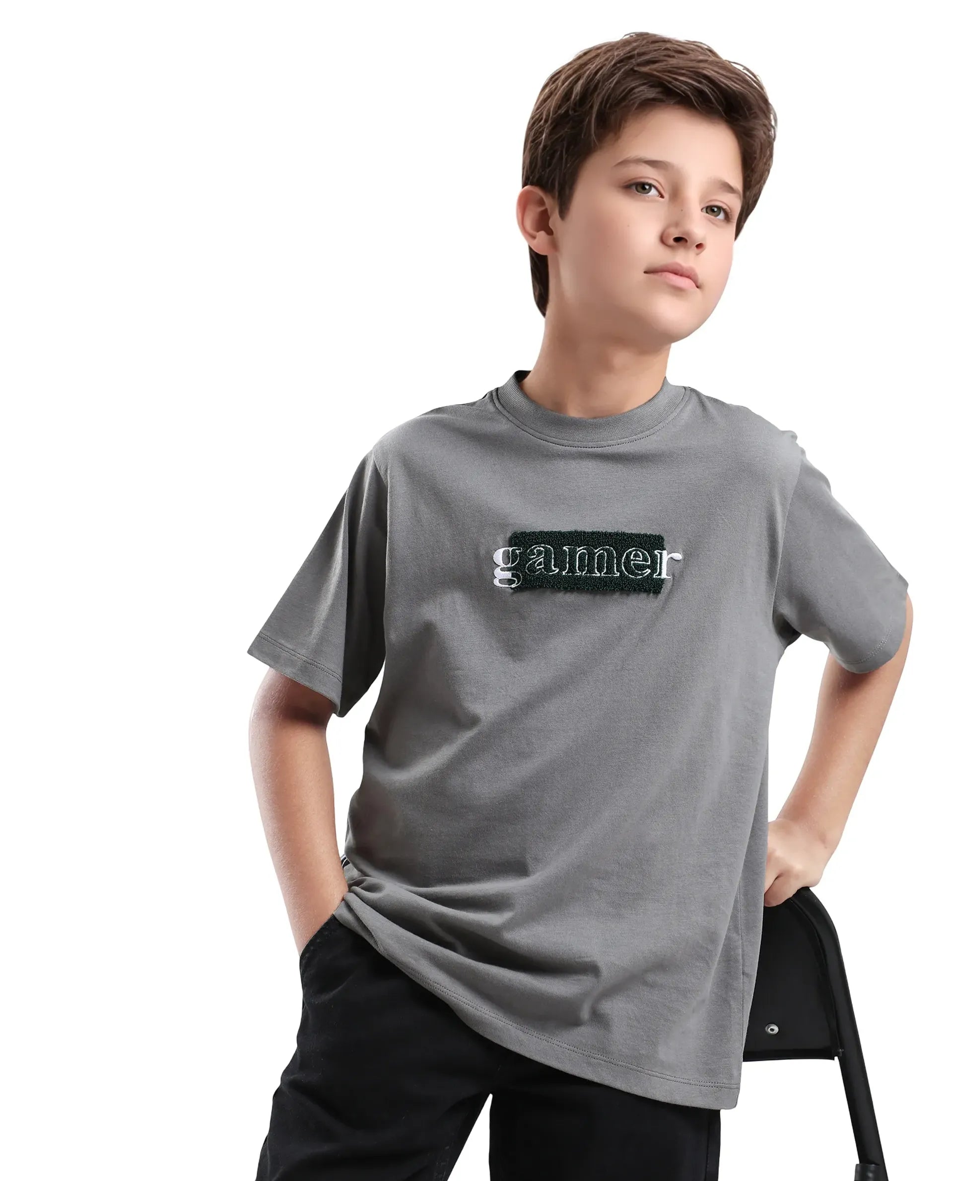 Rare Ones Kids Gamer Grey Cotton Embroidered Slip-On Regular Fit T-Shirt