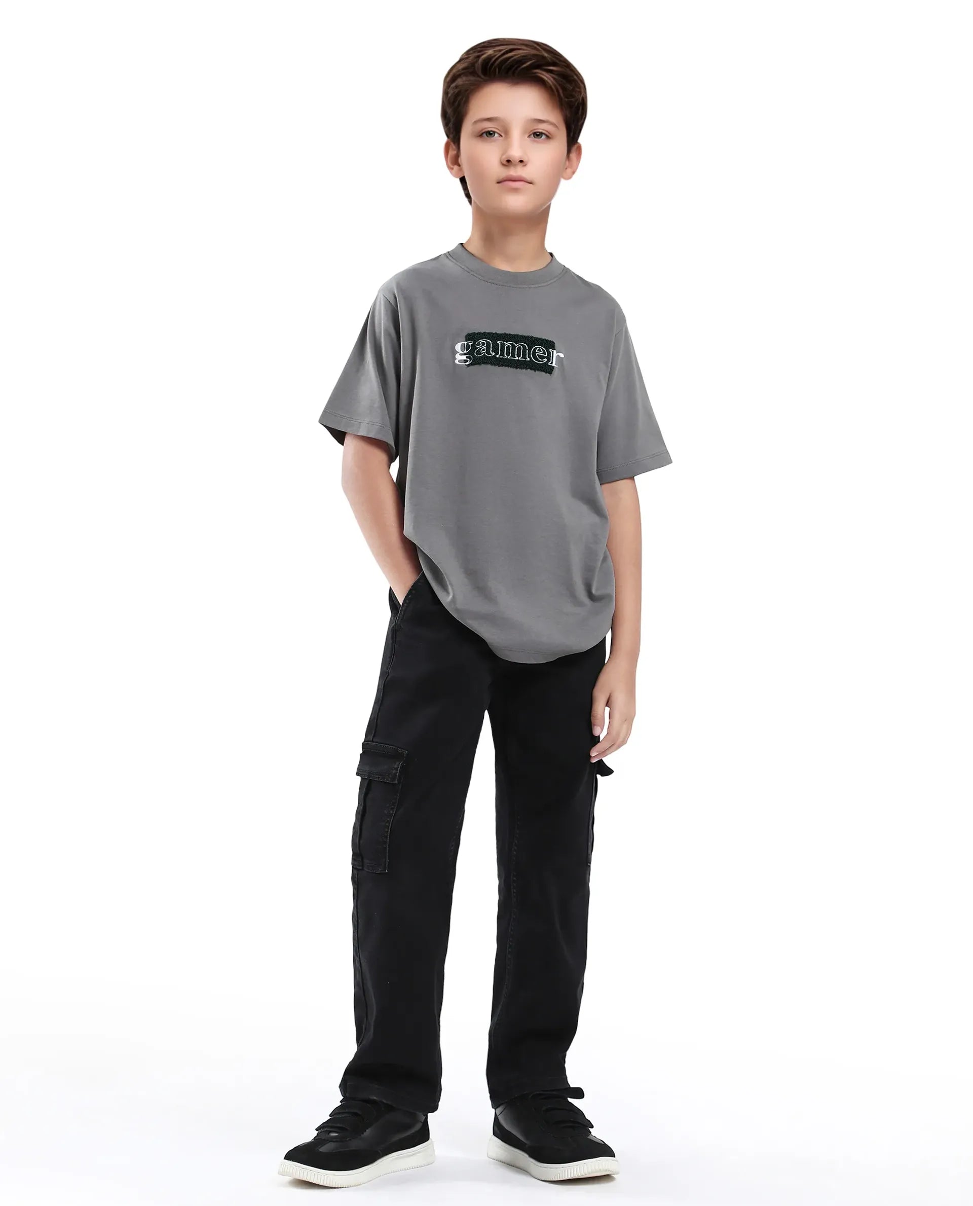 Rare Ones Kids Gamer Grey Cotton Embroidered Slip-On Regular Fit T-Shirt