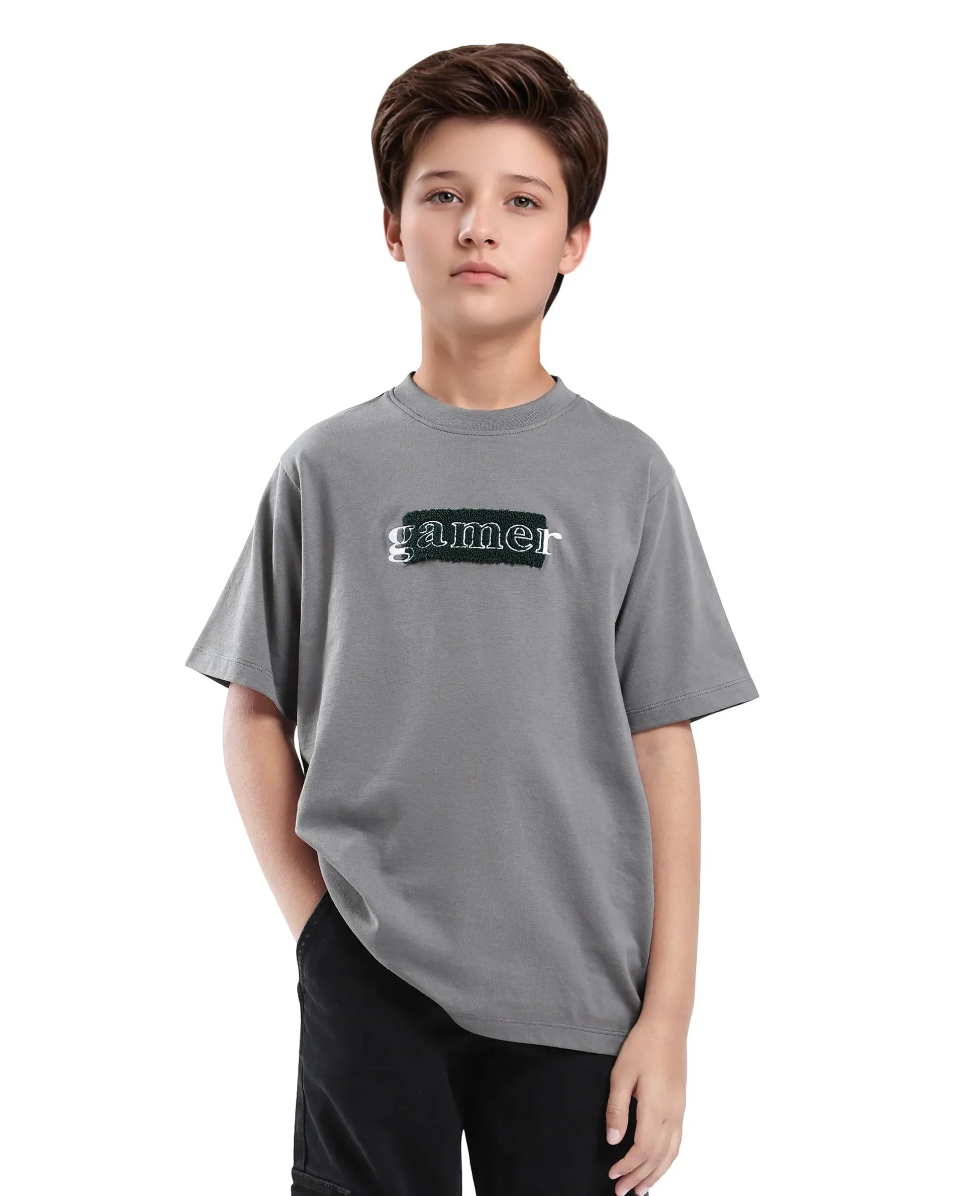 Rare Ones Kids Gamer Grey Cotton Embroidered Slip-On Regular Fit T-Shirt
