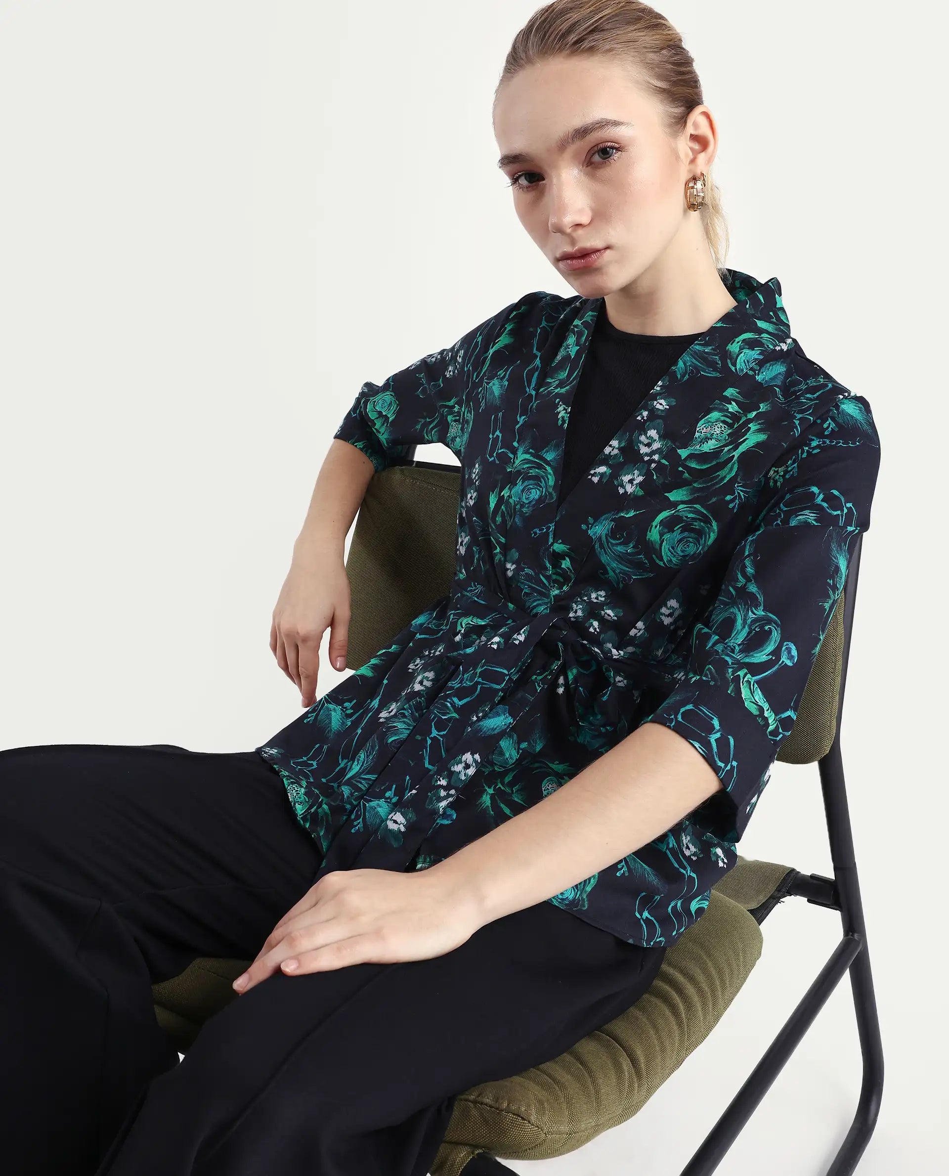 Rareism Women's Gamo Black Cotton Blend Overlap Neck Floral Print Regular Fit Top