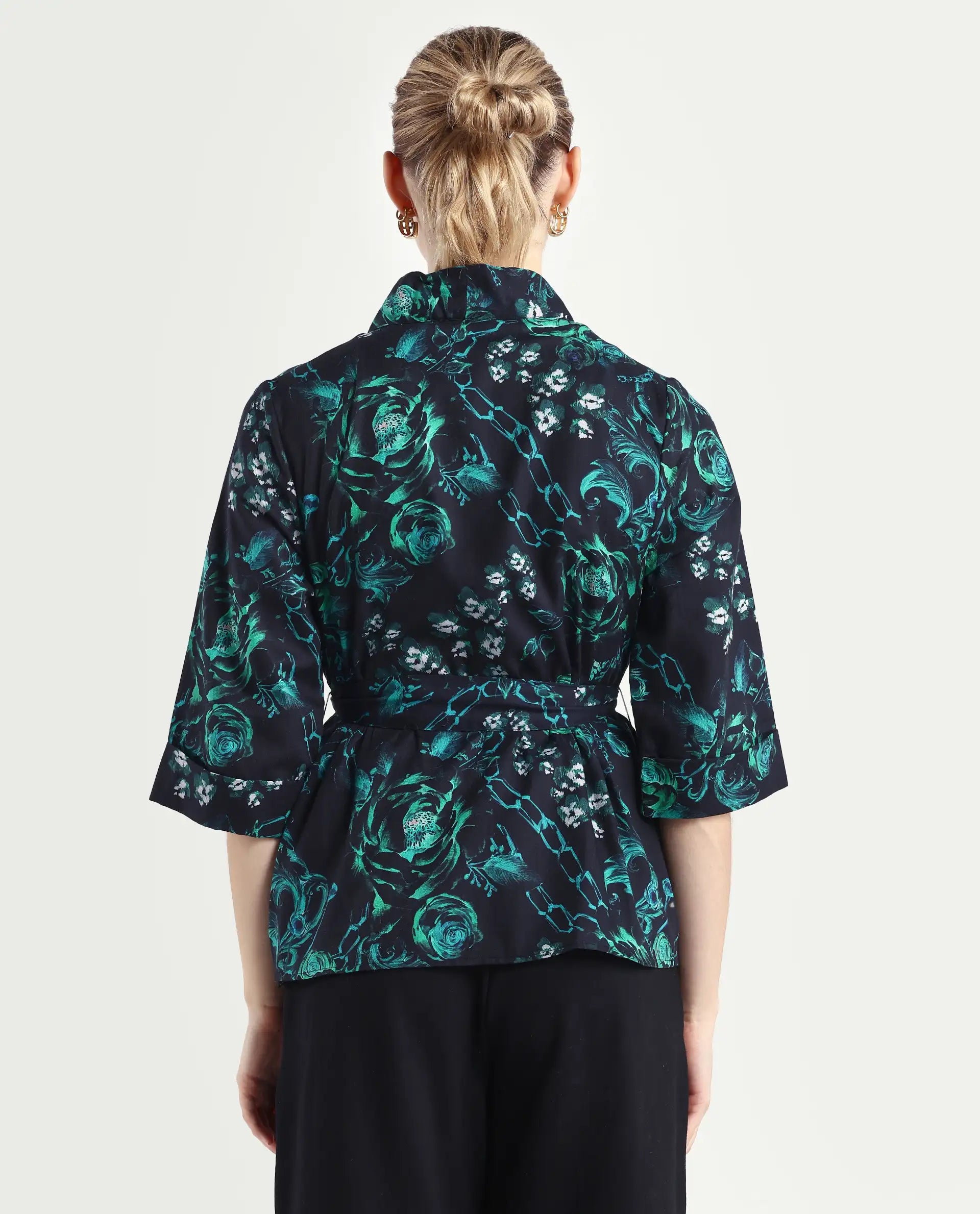 Rareism Women's Gamo Black Cotton Blend Overlap Neck Floral Print Regular Fit Top