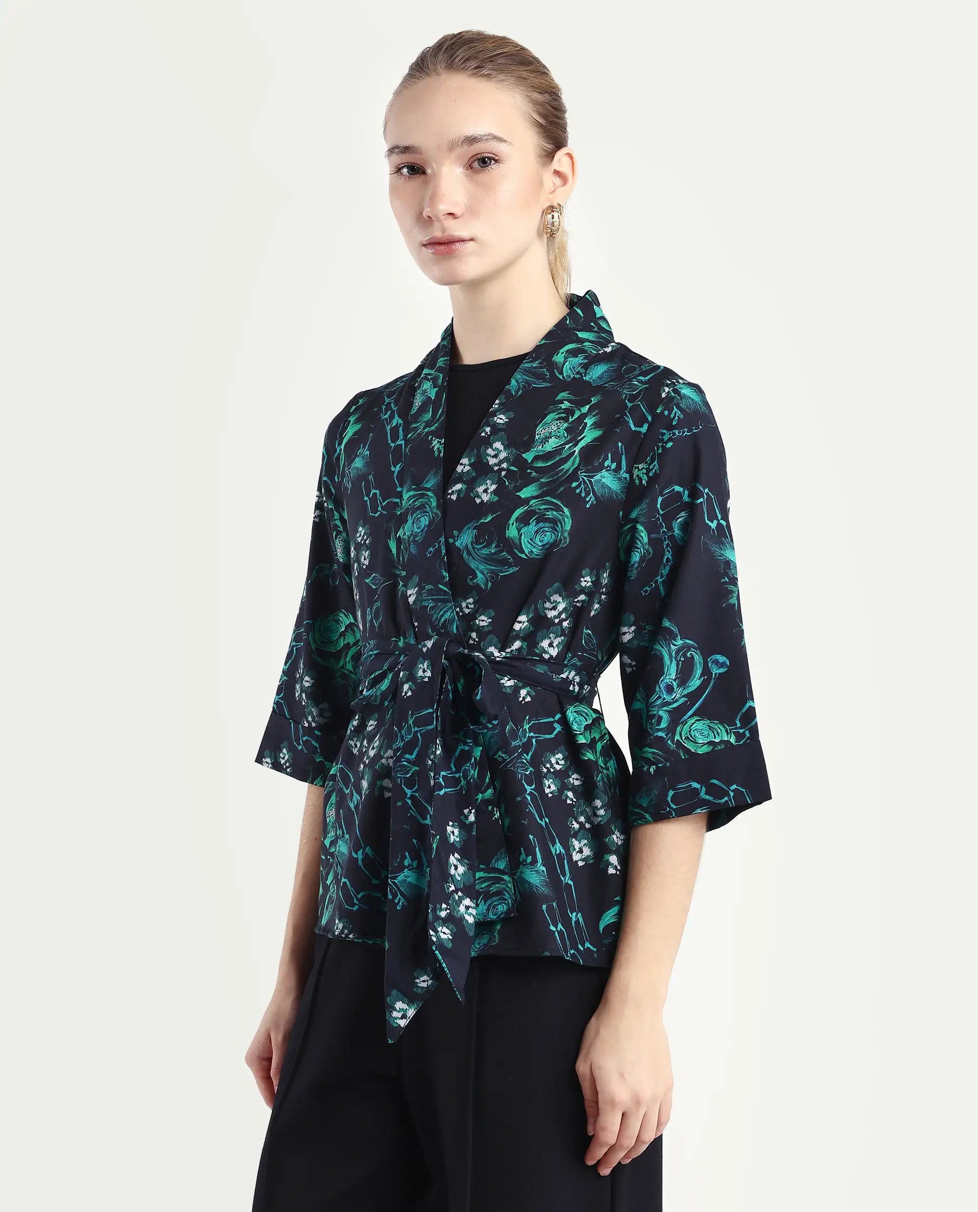 Rareism Women's Gamo Black Cotton Blend Overlap Neck Floral Print Regular Fit Top