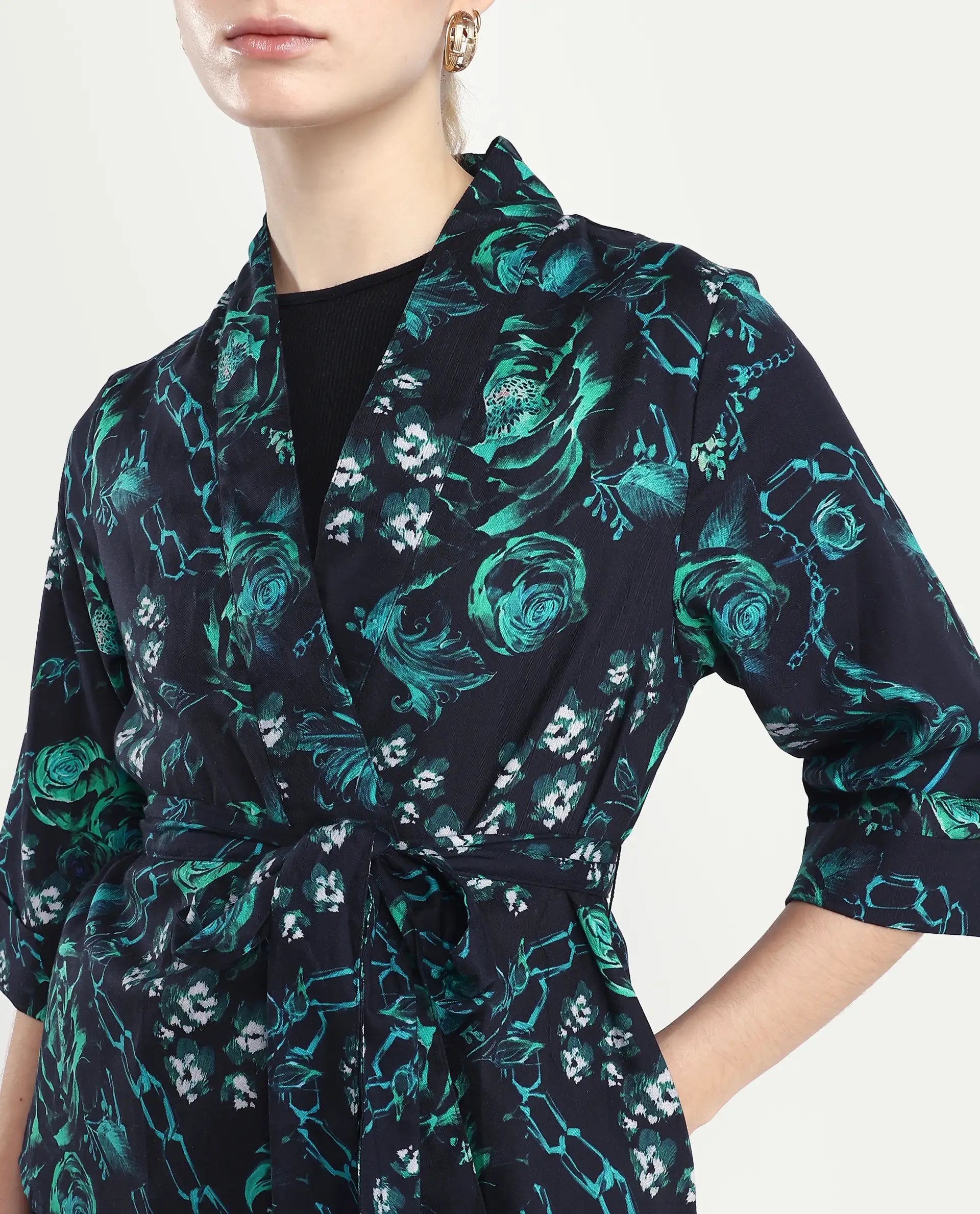 Rareism Women's Gamo Black Cotton Blend Overlap Neck Floral Print Regular Fit Top