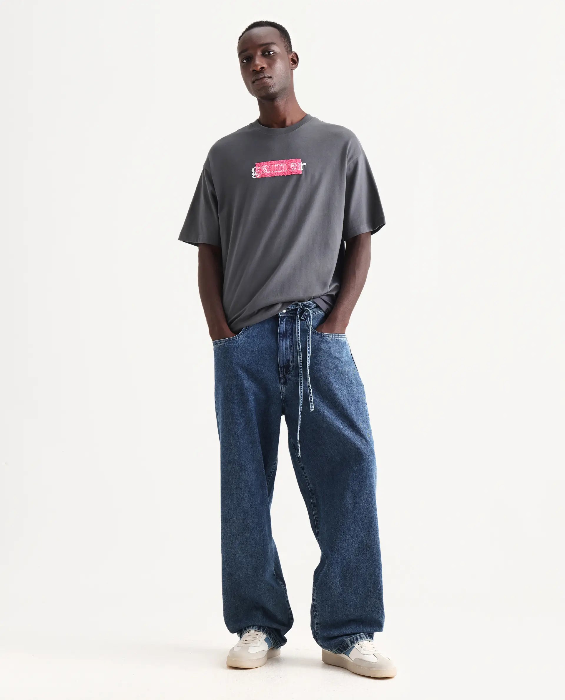 Rare Rabbit Men's Gamo Dark Grey Cotton Embroidered Oversized Fit Half Sleeve Crew Neck T-Shirt