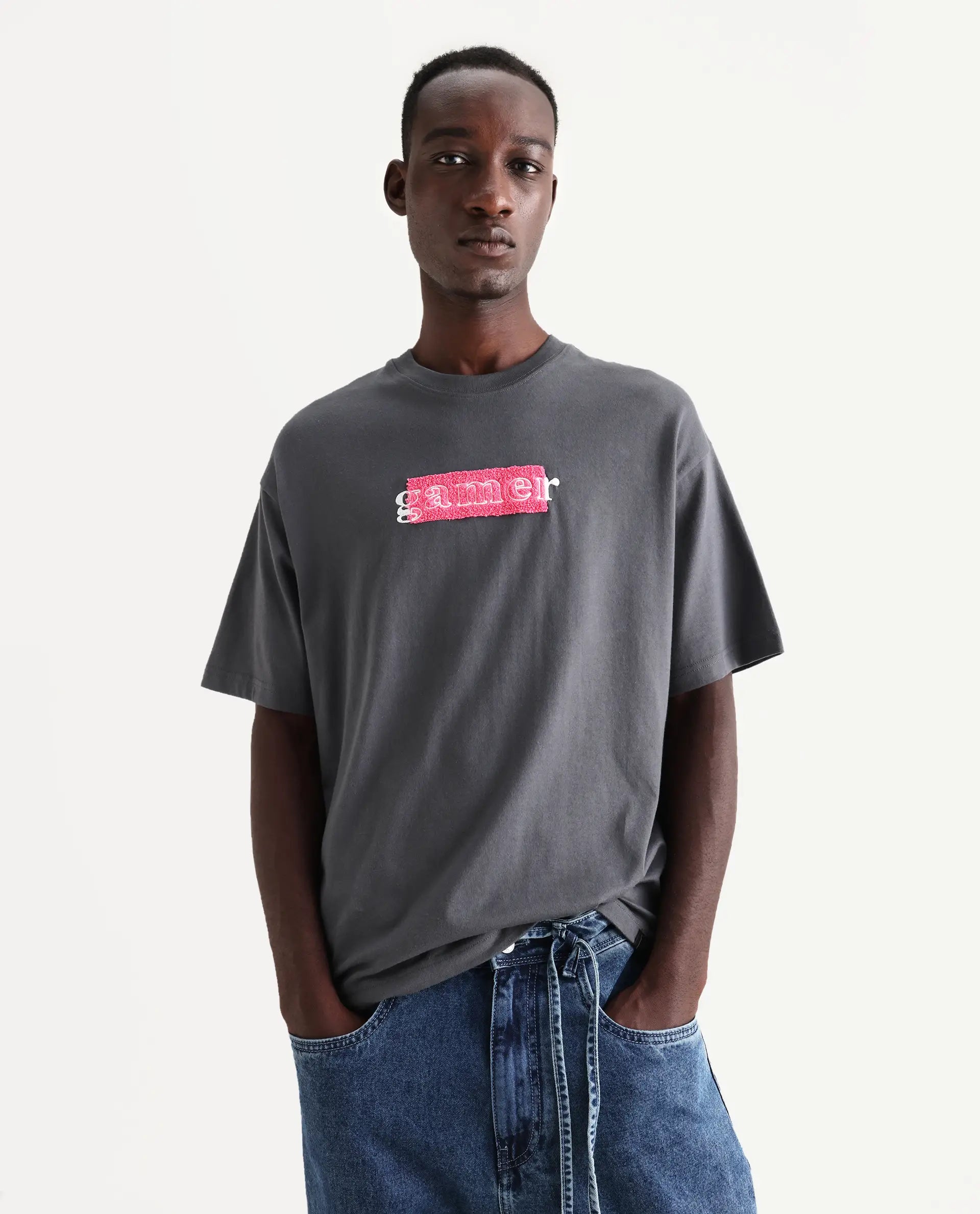 Rare Rabbit Men's Gamo Dark Grey Cotton Embroidered Oversized Fit Half Sleeve Crew Neck T-Shirt