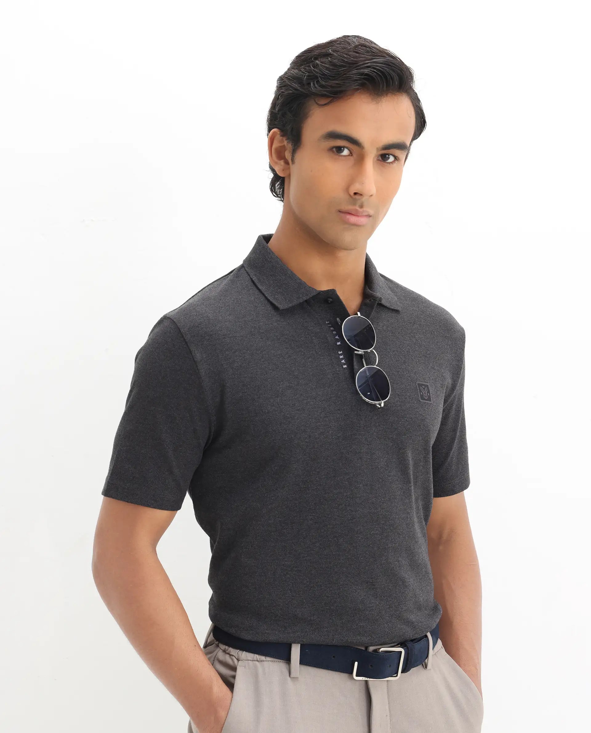 Rare Rabbit Men's Gamor Black Cotton Blend Plain Regular Fit Half Sleeve Polo