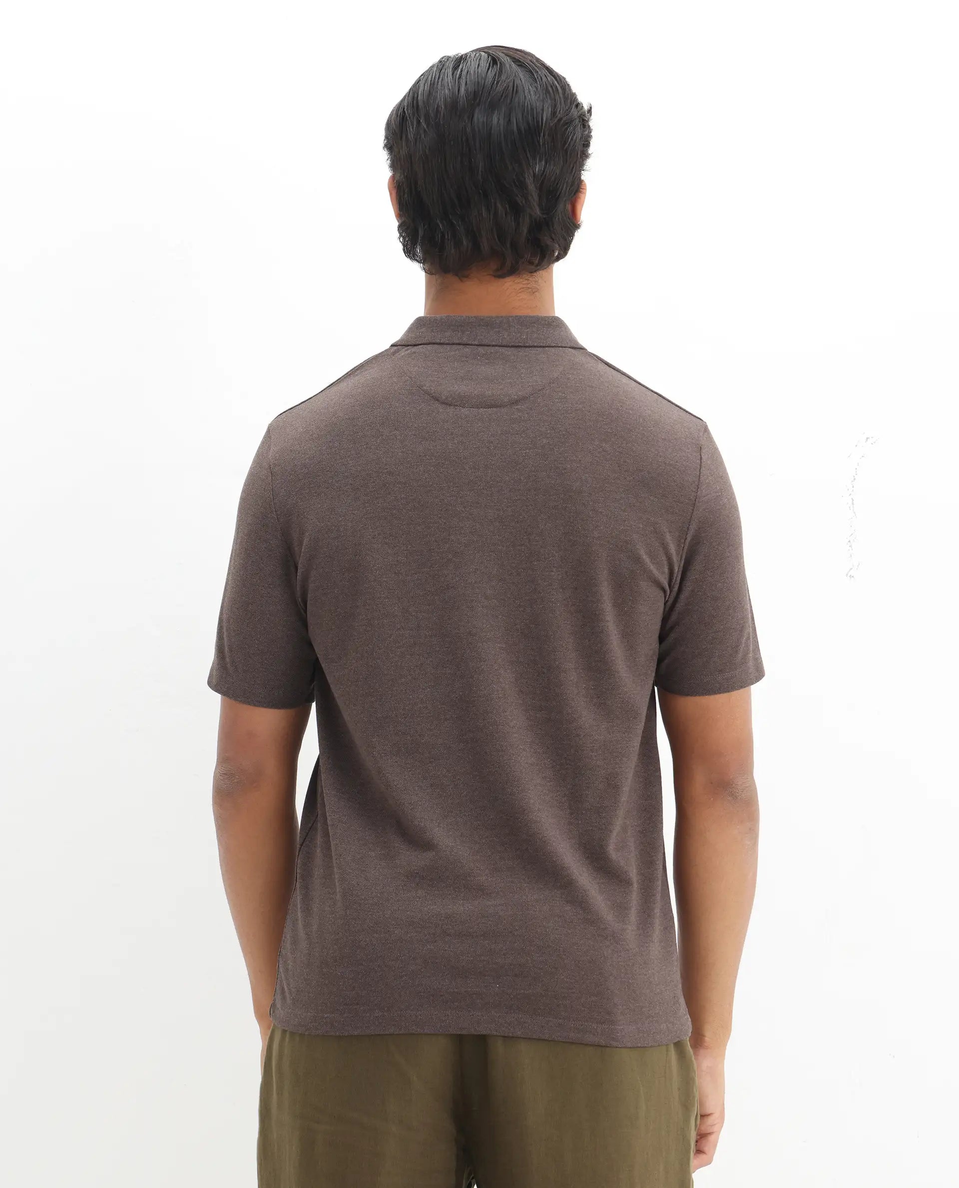 Rare Rabbit Men's Gamor Dark Brown Cotton Blend Plain Regular Fit Half Sleeve Polo