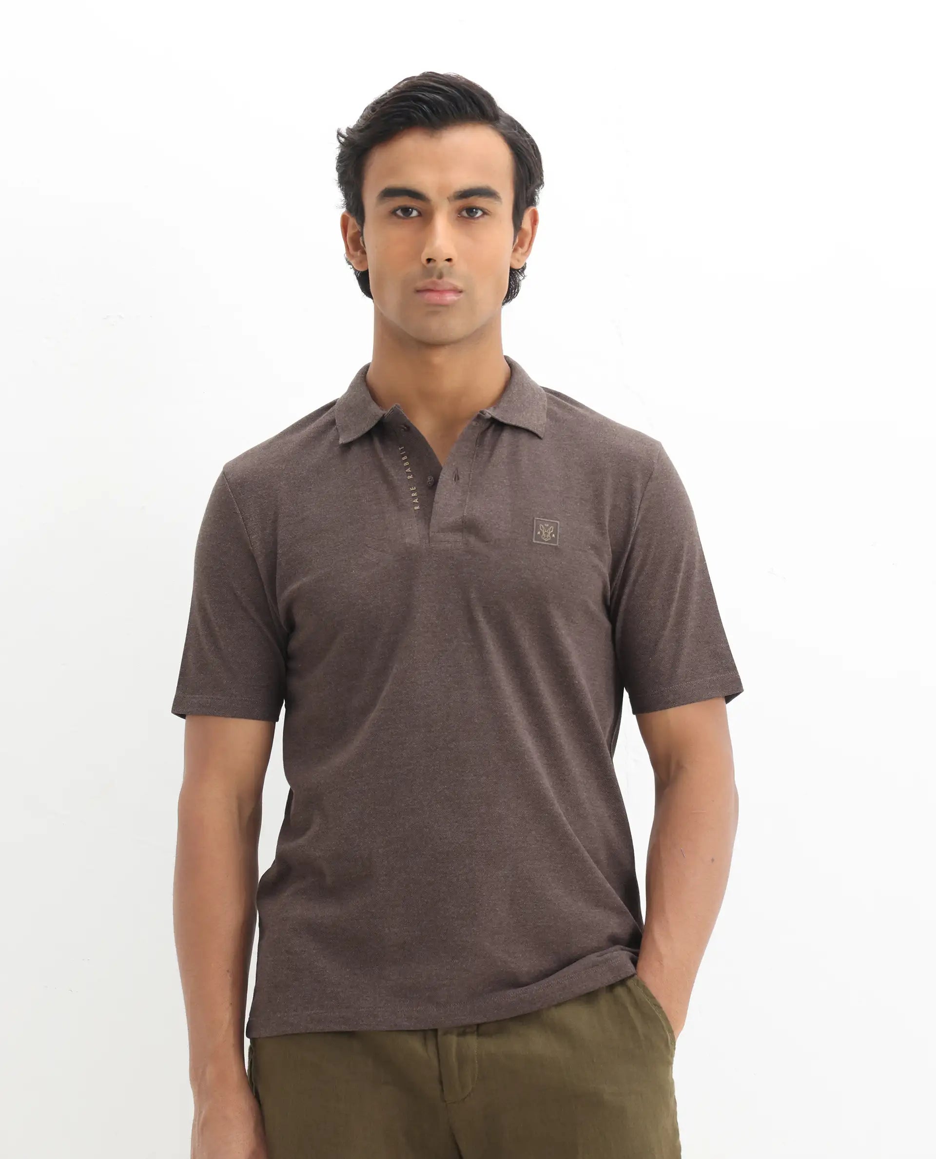 Rare Rabbit Men's Gamor Dark Brown Cotton Blend Plain Regular Fit Half Sleeve Polo