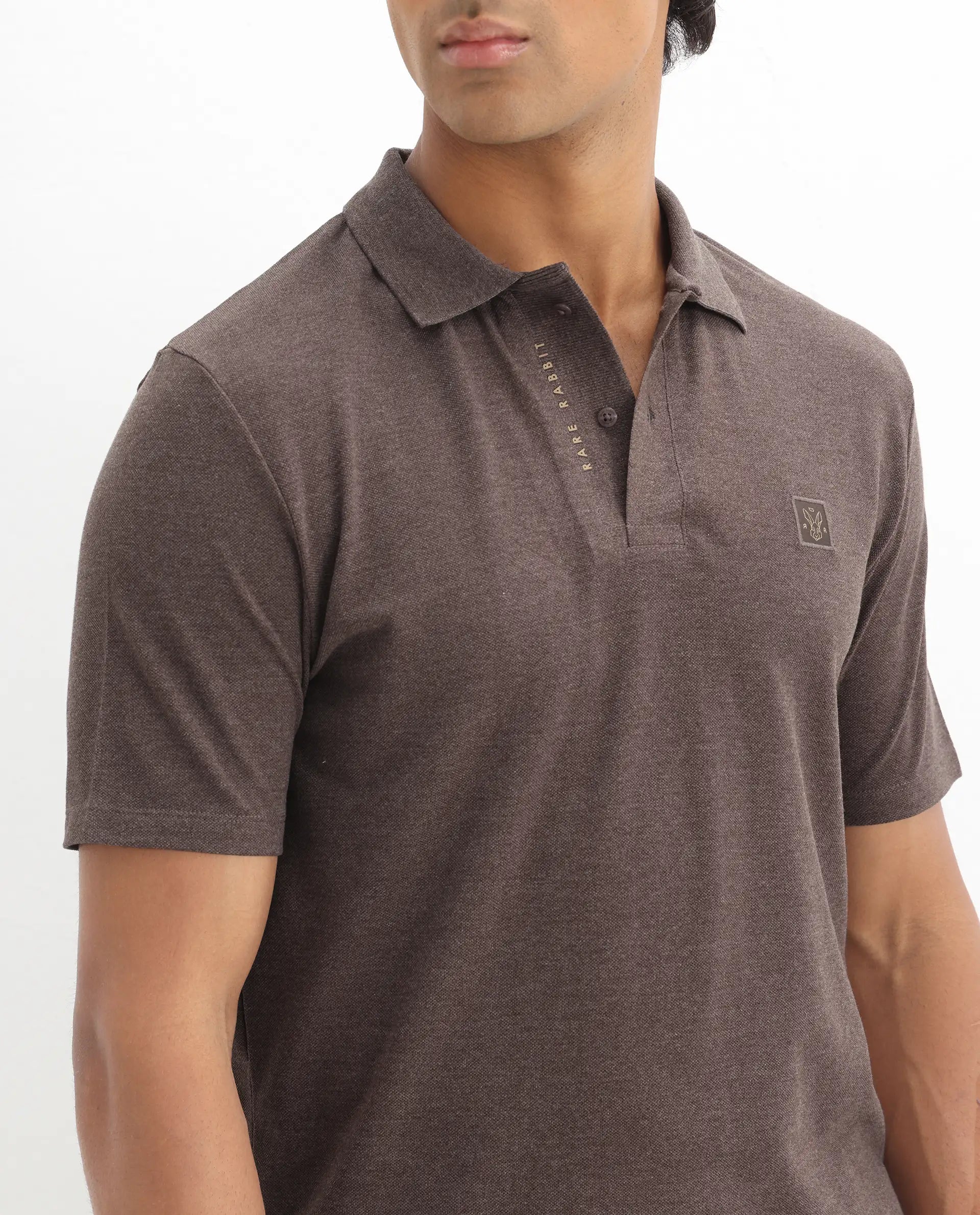 Rare Rabbit Men's Gamor Dark Brown Cotton Blend Plain Regular Fit Half Sleeve Polo
