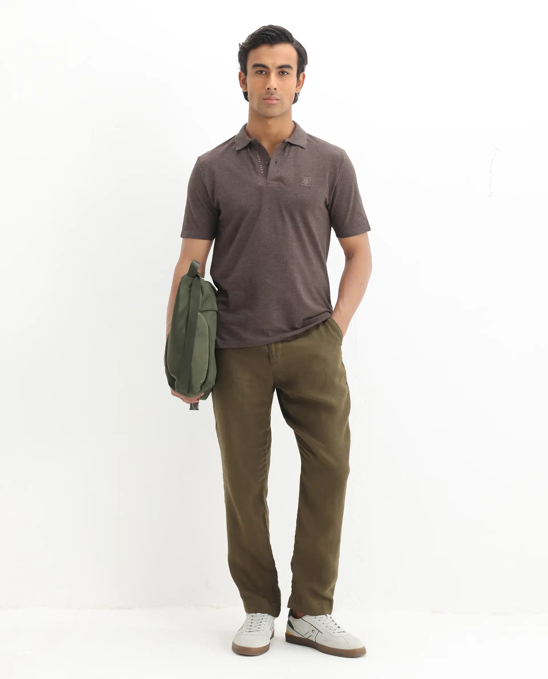 Rare Rabbit Men's Gamor Dark Brown Cotton Blend Plain Regular Fit Half Sleeve Polo