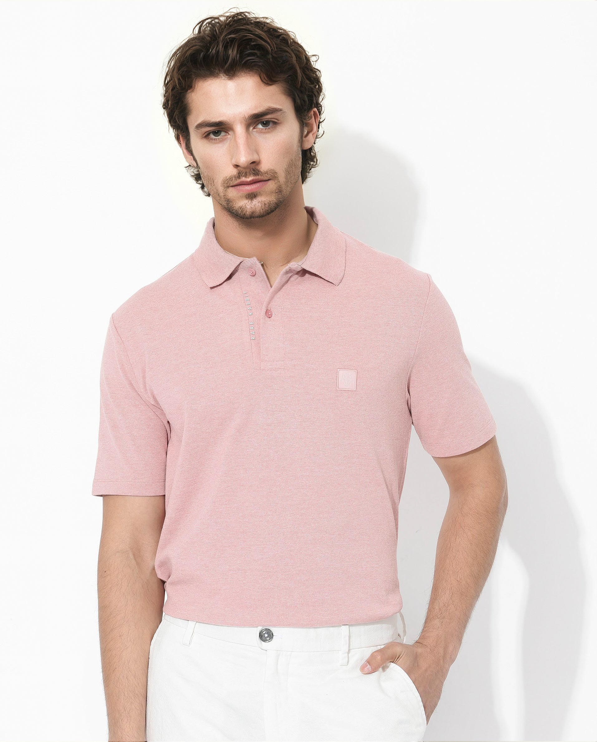 Rare Rabbit Men's Gamor Dusky Pink Cotton Poly Fabric Short Sleeves Collared Neck Solid Color Knit Polo
