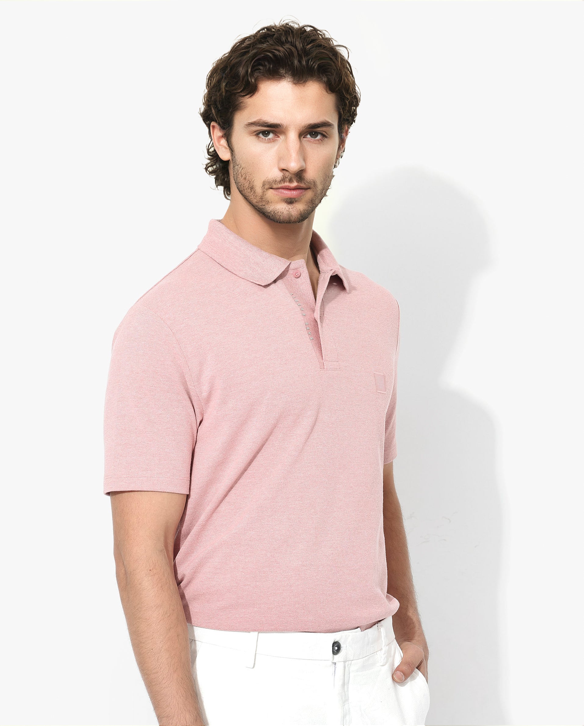 Rare Rabbit Men's Gamor Dusky Pink Cotton Poly Fabric Short Sleeves Collared Neck Solid Color Knit Polo