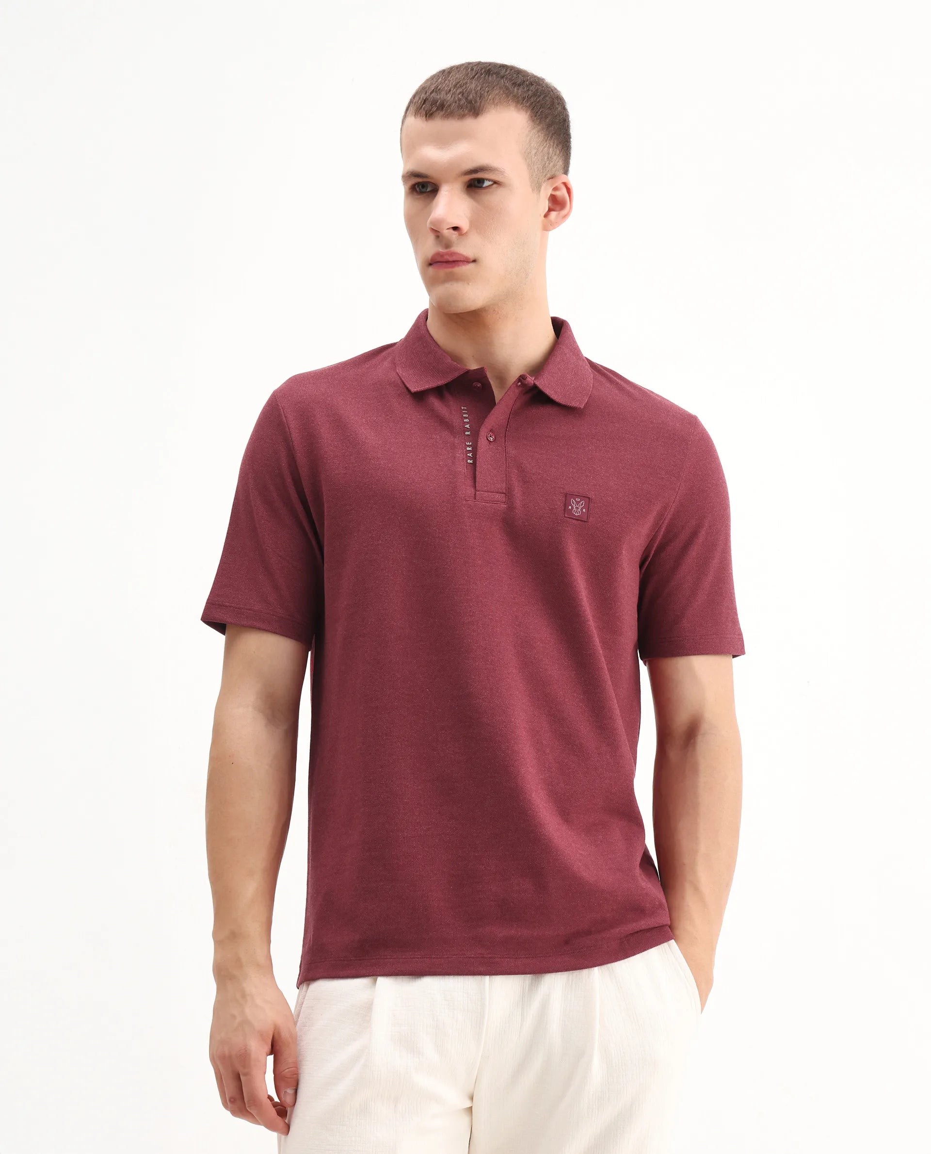 Rare Rabbit Men's Gamor Red Cotton Blend Plain Regular Fit Half Sleeve Polo