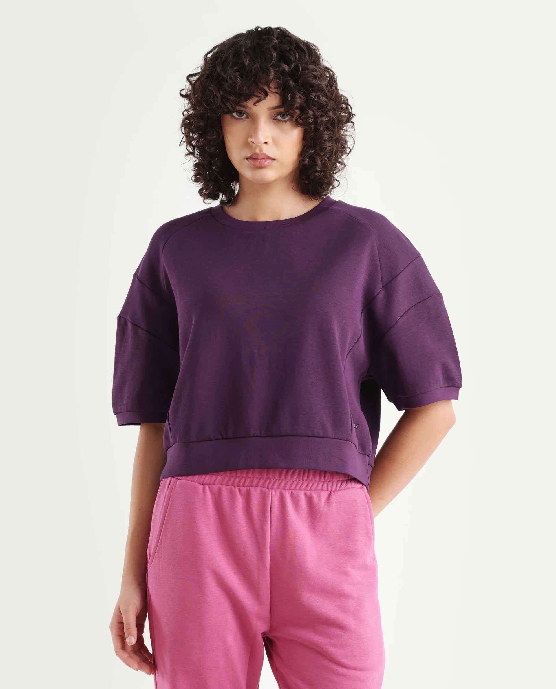 Rareism Women's Ganges Purple Cotton Blend Crew Neck Plain Crop Relaxed Fit Sweatshirt