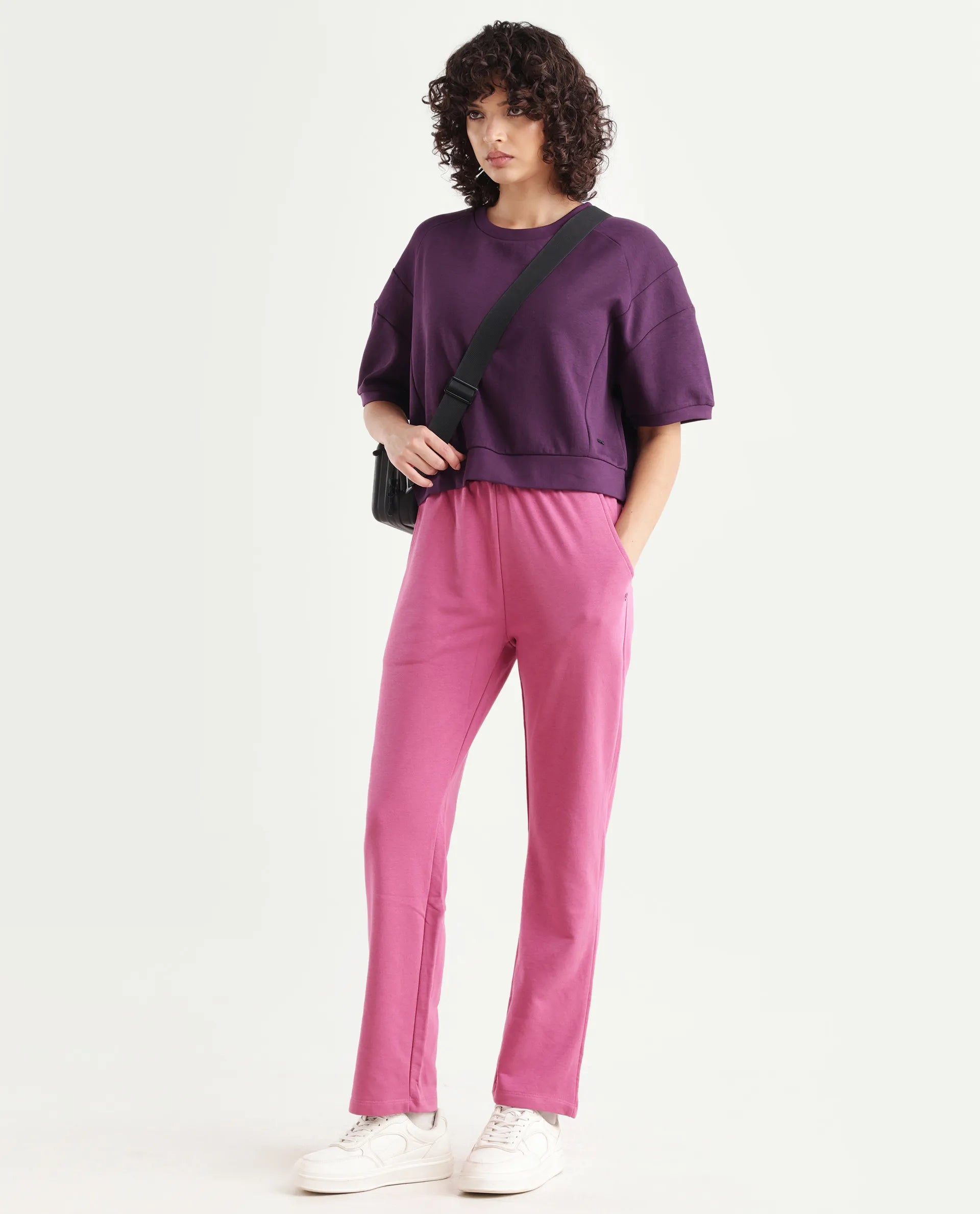 Rareism Women's Ganges Purple Cotton Blend Crew Neck Plain Crop Relaxed Fit Sweatshirt