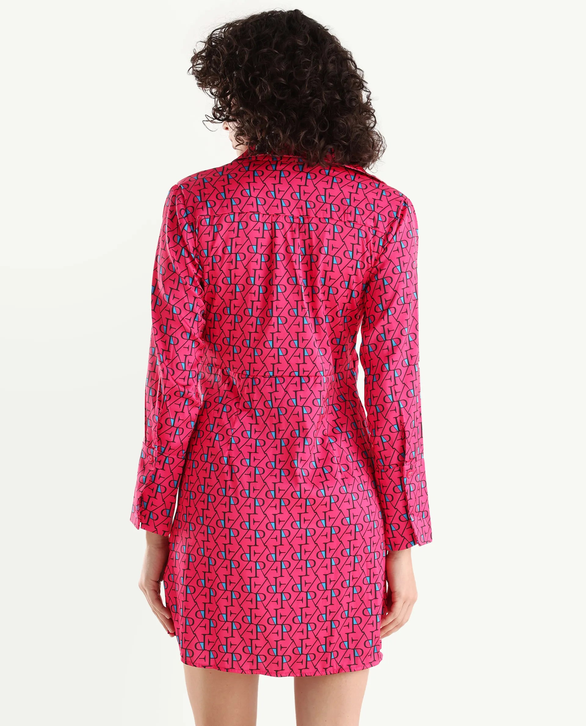 Rareism Women's Gangiv Flouroscent Pink Overlap Neck Monogram Print Cuffed Sleeve Mini Wrap Dress